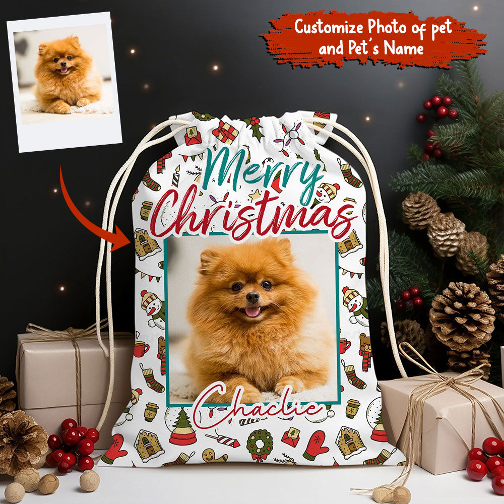 Merry Christmas Decor Pet Photo - Personalized String Bag, Gift For Family, Christmas Gift