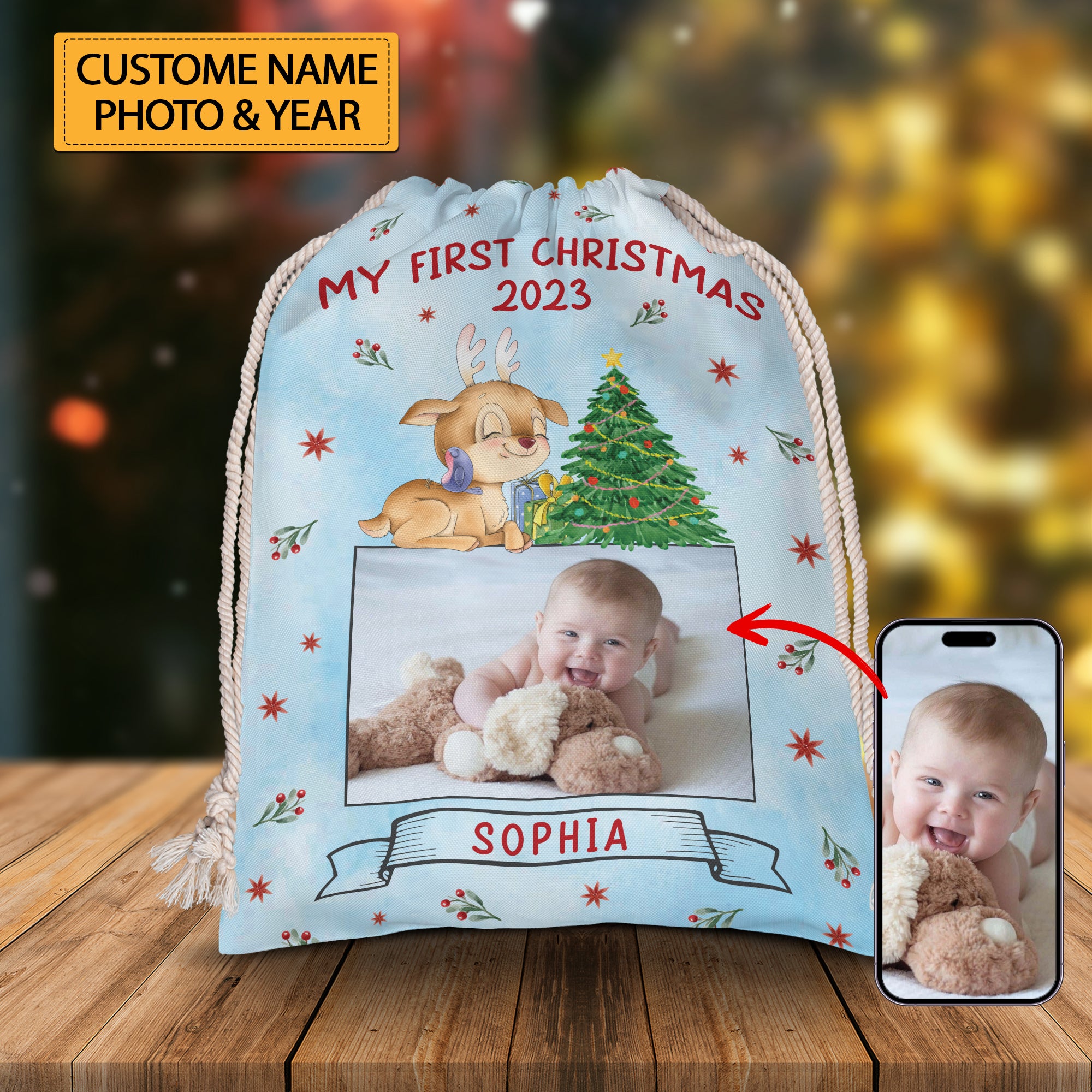 Baby First Christmas - Custom Photo And Name, Personalized String Bag, Gift For Family, Christmas Gift