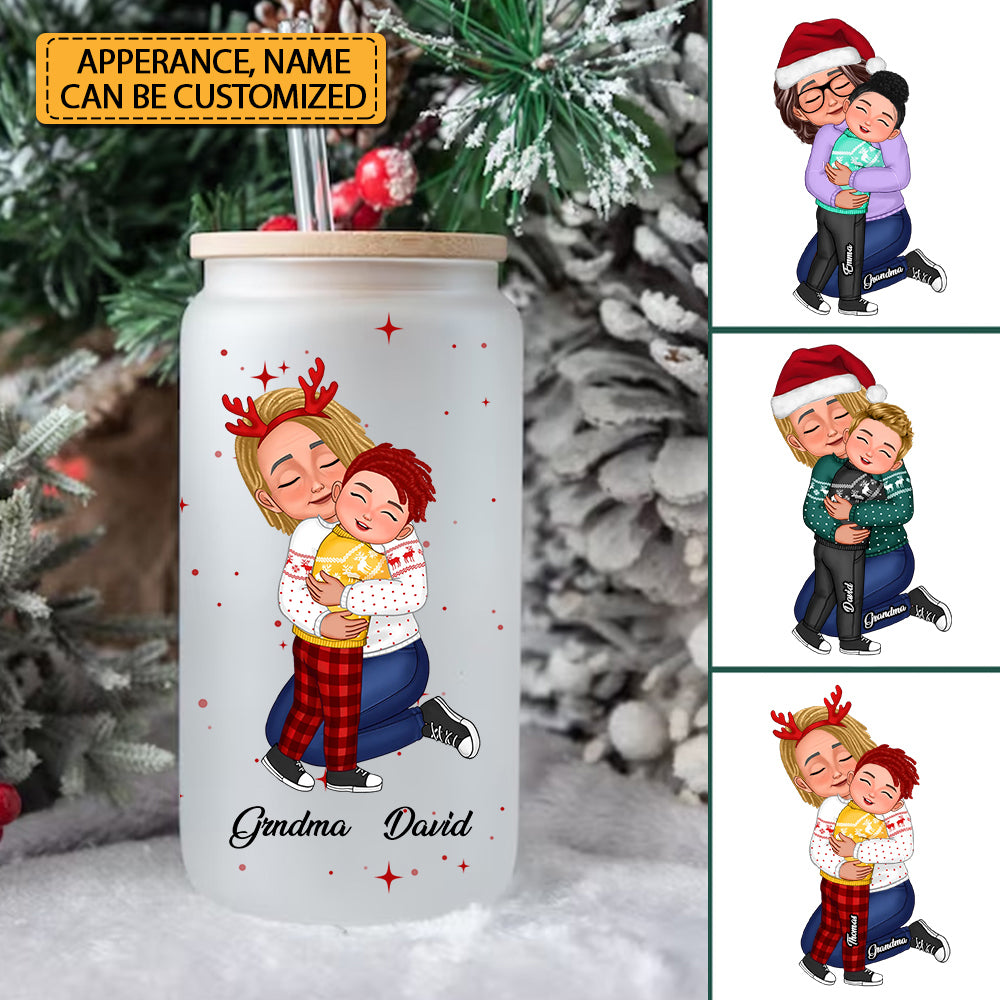 Grandma, Mom Hugging Grandkid, Kid - Custom Appearances And Names - Personalized Glass Bottle, Frosted Bottle, Christmas Gift For Family