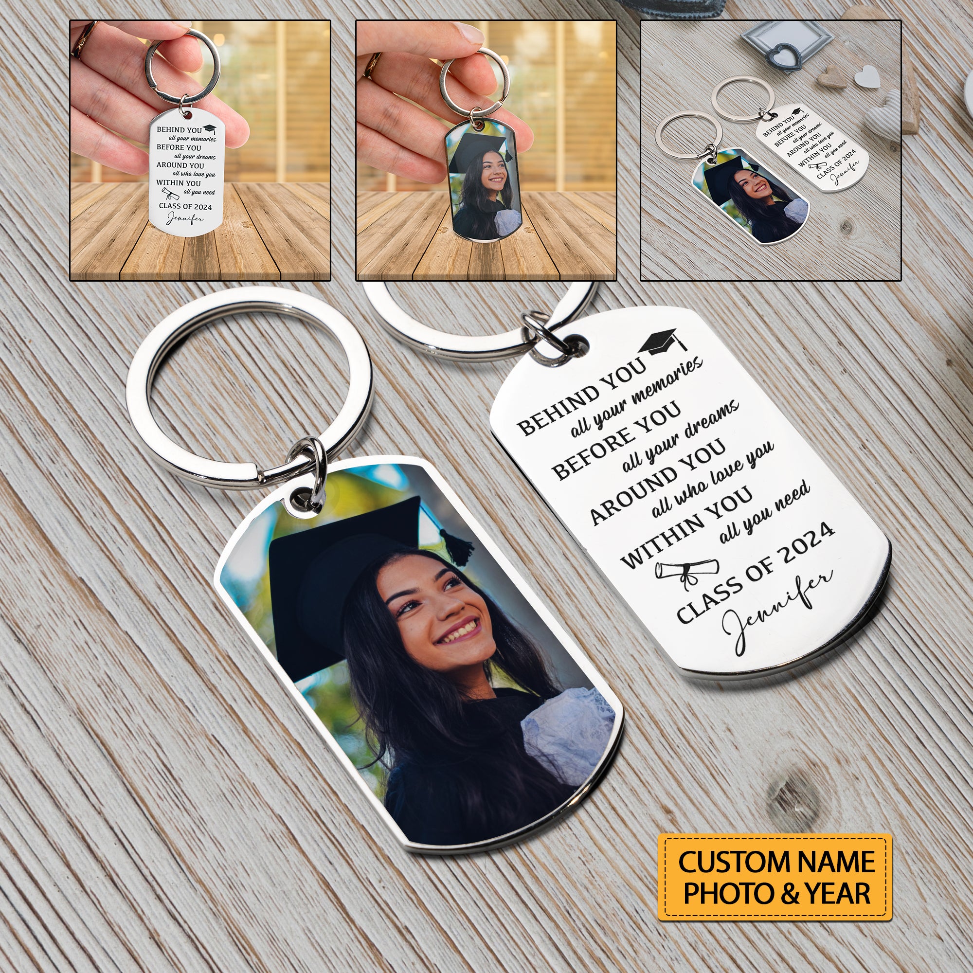 Behind You All Your Memories , Personalized Photo And Text Metal Keychain, Graduation Gift