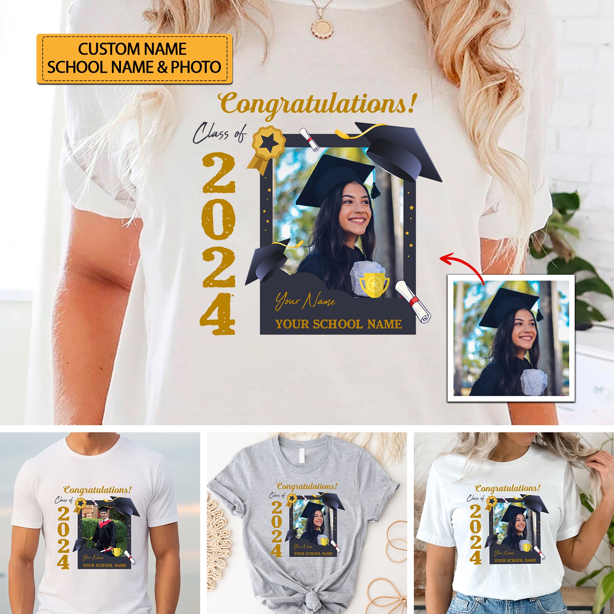 Congratulations Class Of 2024, Custom Photo And Texts - Gift For Graduation - Personalized Light Shirt