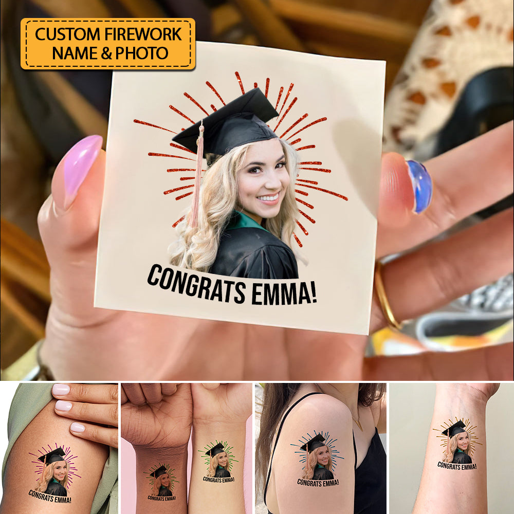 Congrats Graduation, Custom Color,  Your Photo And Name Temporary Tattoo, Personalized Photo And Name, Fake Tattoo, Graduation Gift