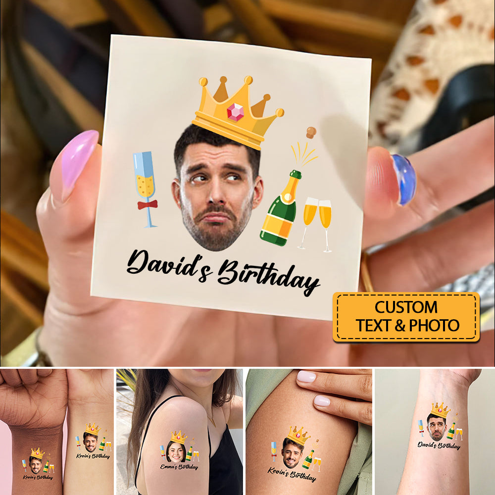 King's Birthday Tattoo, Custom Face Photo And Texts Temporary Tattoo, Personalized Party Tattoo, Fake Tattoo