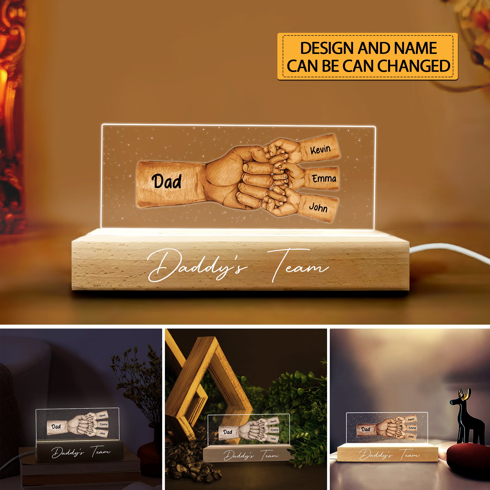 Dad And Kid, Father's Day, Custom Skin Color And Texts, Personalized Acrylic LED Light