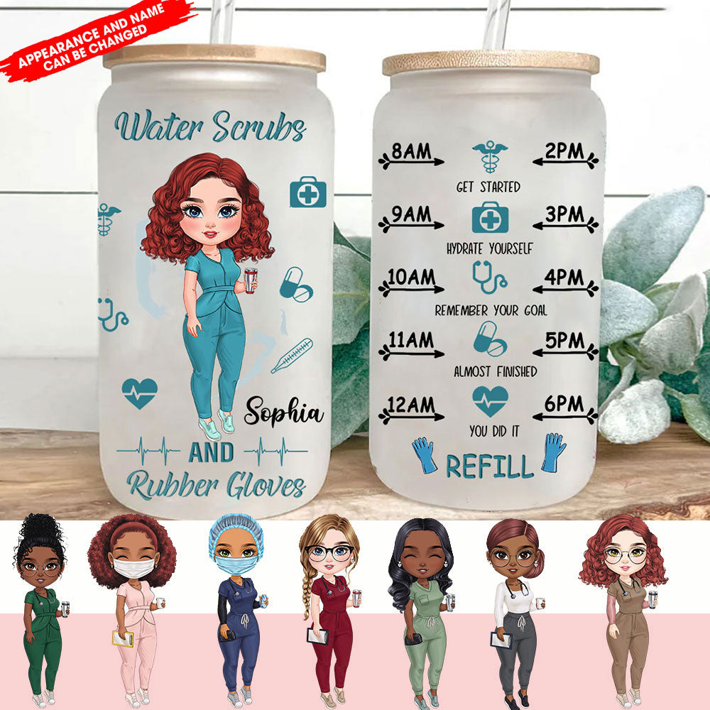 Water Scrubs And Rubber Gloves - Custom Appearance And Name - Personalized Glass Bottle, Frosted Bottle, Gift For Nurse