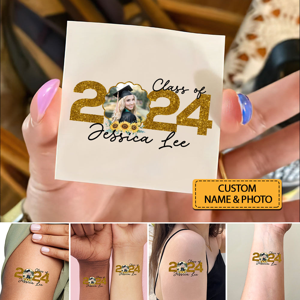 Sunflower Grad Class Of 2024, Custom Photo And Name Temporary Tattoo, Personalized Grad Party Tattoo, Fake Tattoo, Graduation Gift