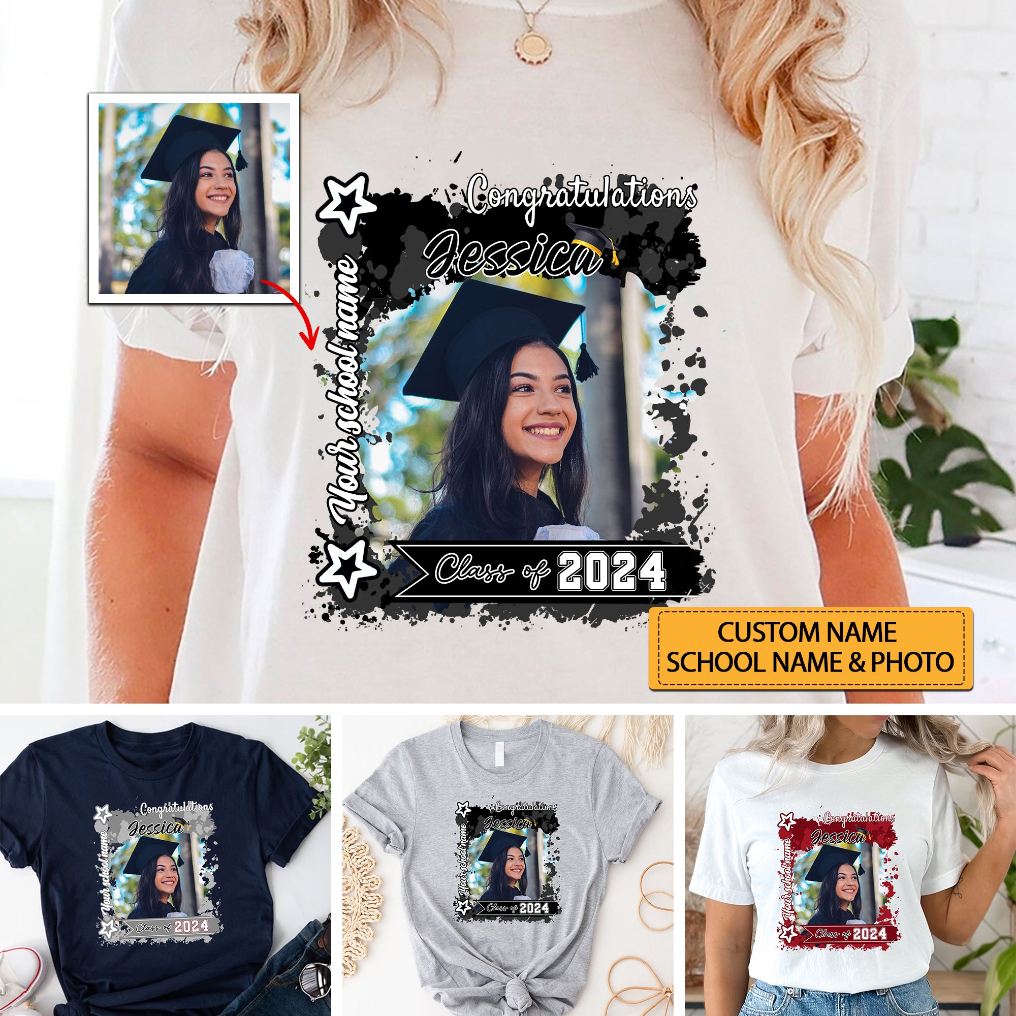 Congratulations Class Of 2024, Custom Color, Photo And Texts - Gift For Graduation - Personalized T-Shirt
