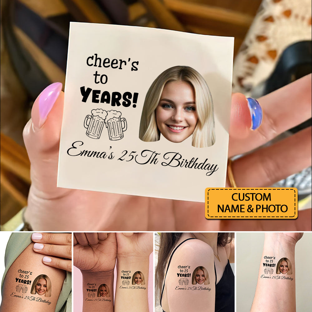 Cheers To Birthday Party, Custom Face Photo And Name Temporary Tattoo, Personalized Party Tattoo, Fake Tattoo