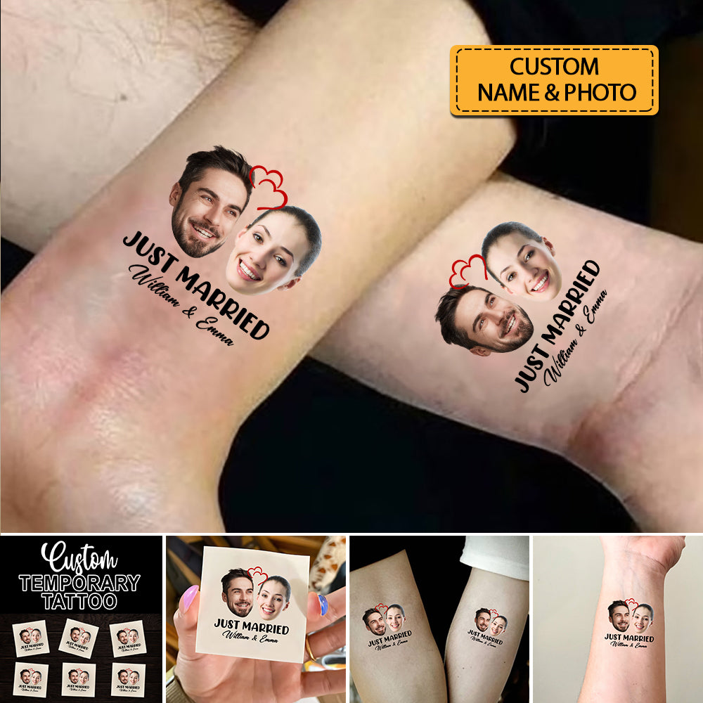 Just Married Tattoo, Custom Face Photo And Texts Temporary Tattoo, Personalized Party Tattoo, Fake Tattoo