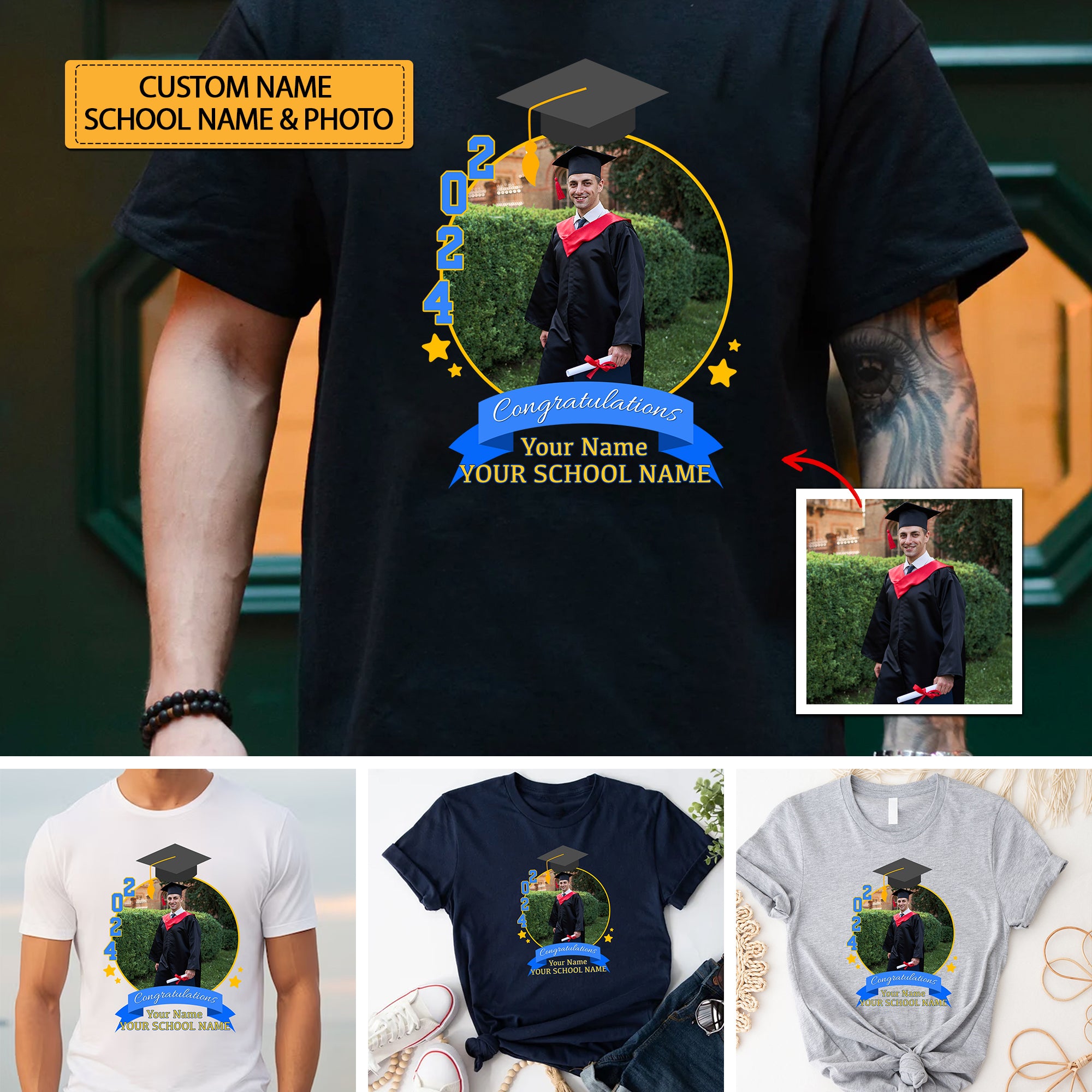 2024 Congratulations, Custom Circle Photo And Texts - Gift For Graduation - Personalized T-Shirt