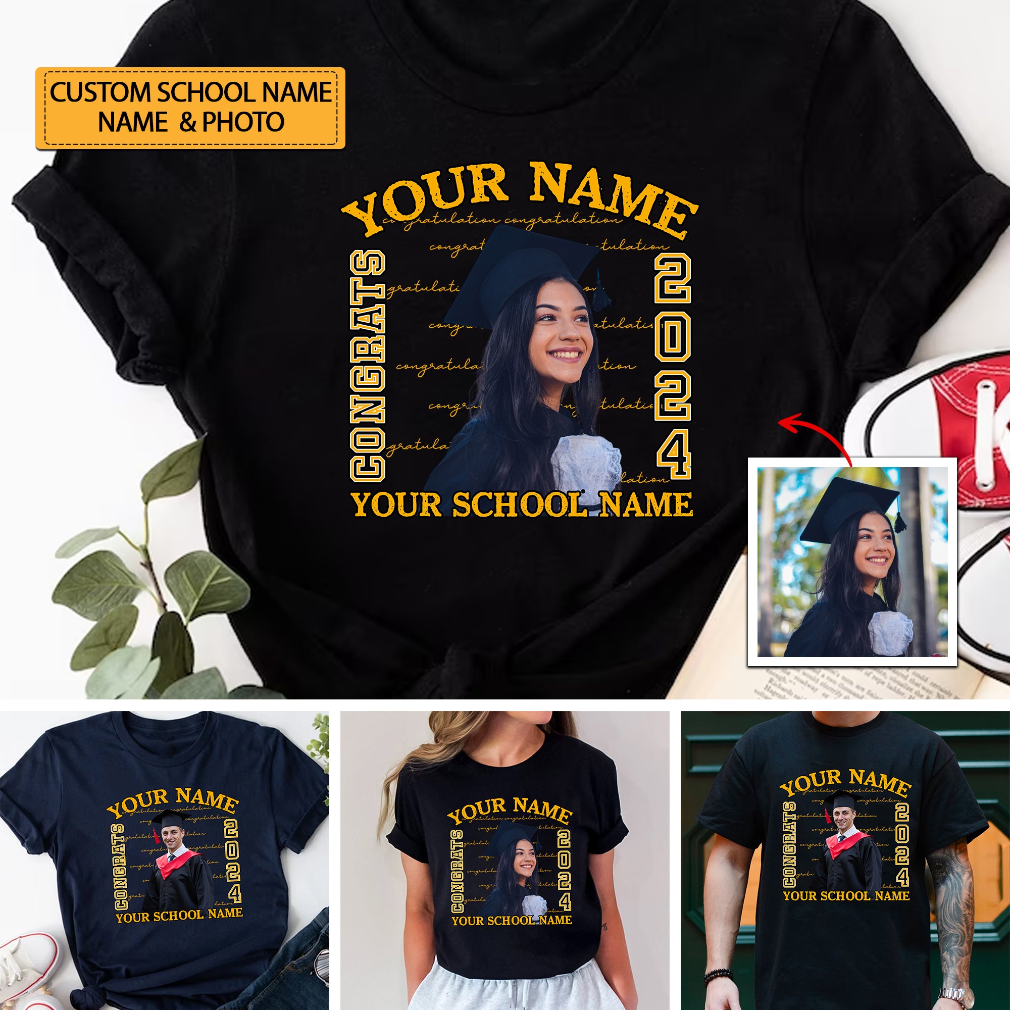 Congrats 2024 Yellow Line, Custom Photo And Texts - Gift For Graduation - Personalized T-Shirt