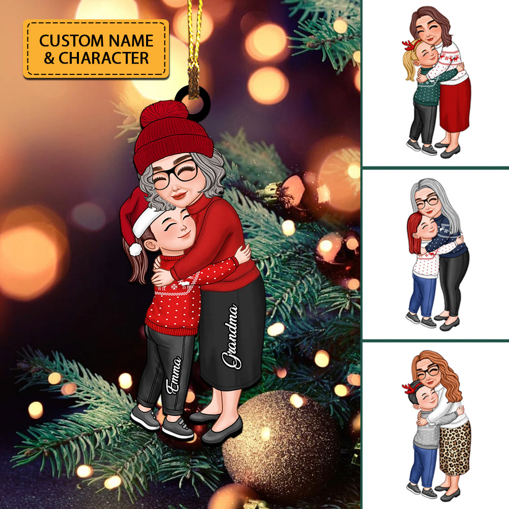 Mom, Grandma Hugging Kid, Grandkid - Christmas Gift For Family, Custom Appearances And Names - Personalized Acrylic Ornament