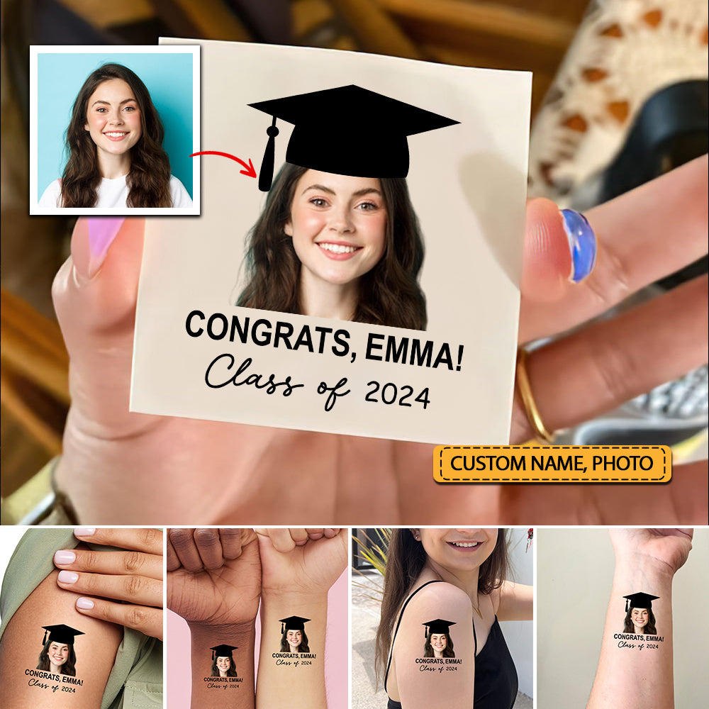 Congrats Class Of 2024, Custom Temporary Tattoo With Personalized Photo And Text Name, Fake Tattoo, Graduation Gift