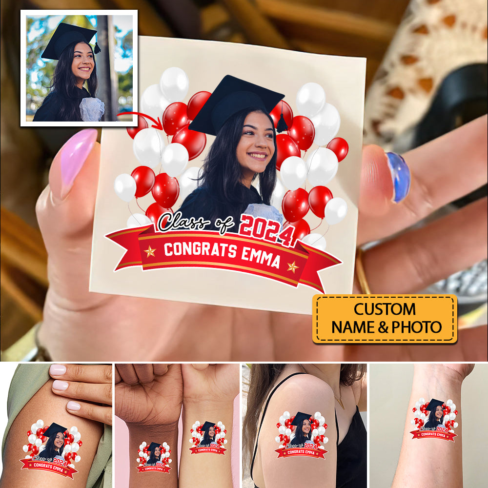 Class Of 2024 Congrats, Custom Temporary Tattoo, Personalized Photo And Name, Fake Tattoo, Graduation Gift