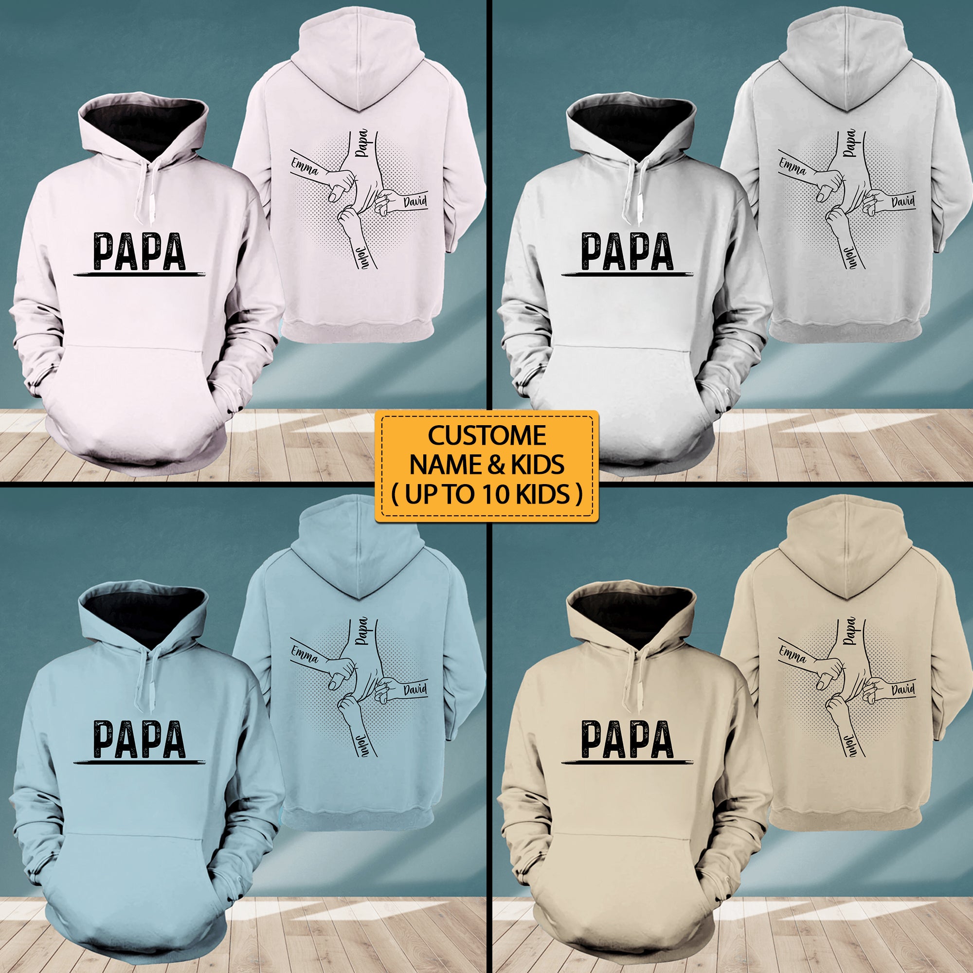 Papa And Kids- Custom Names - Personalized 2 Sides Hoodie - Gift For Family