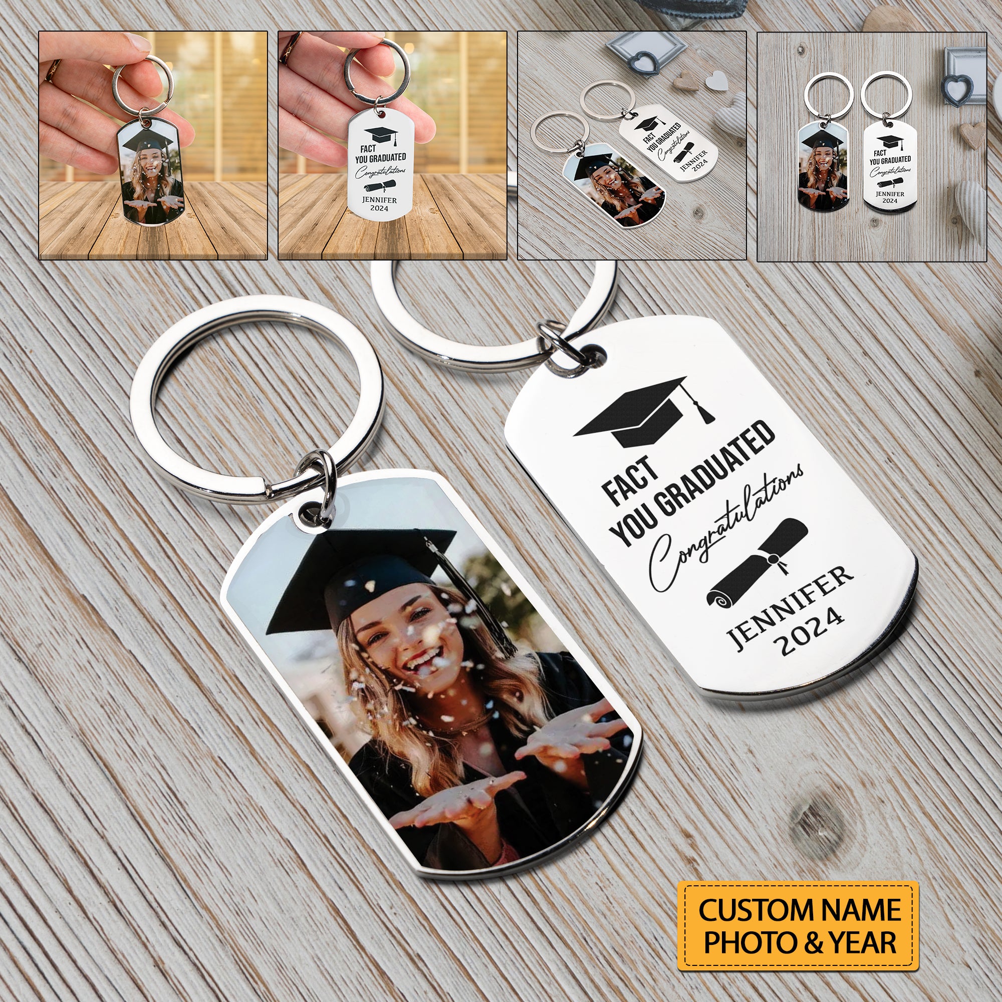 Fact You Graduated Congratulations , Personalized Photo And Text Metal Keychain, Graduation Gift