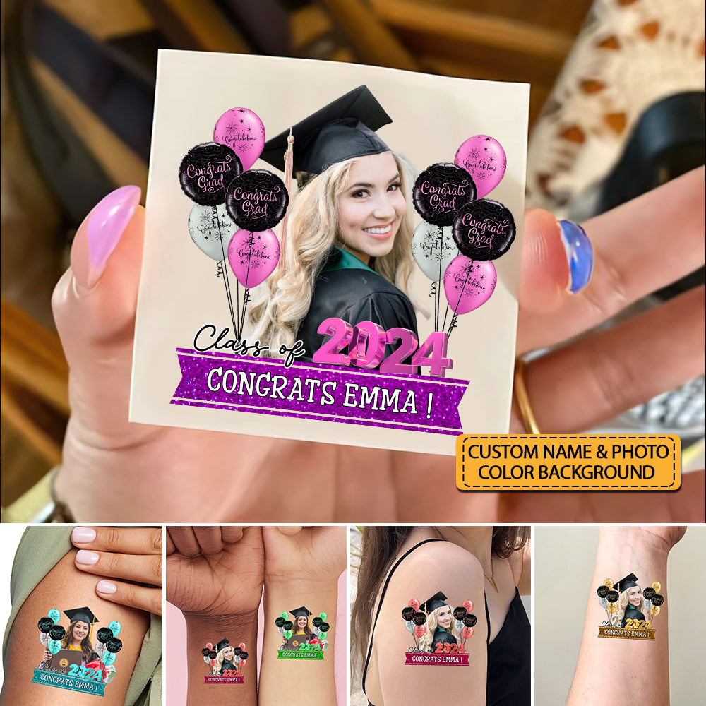 Congrats Grad Class Of 2024 Flowers, Custom Color And Name Temporary Tattoo, Personalized Grad Party Tattoo, Fake Tattoo, Graduation Gift