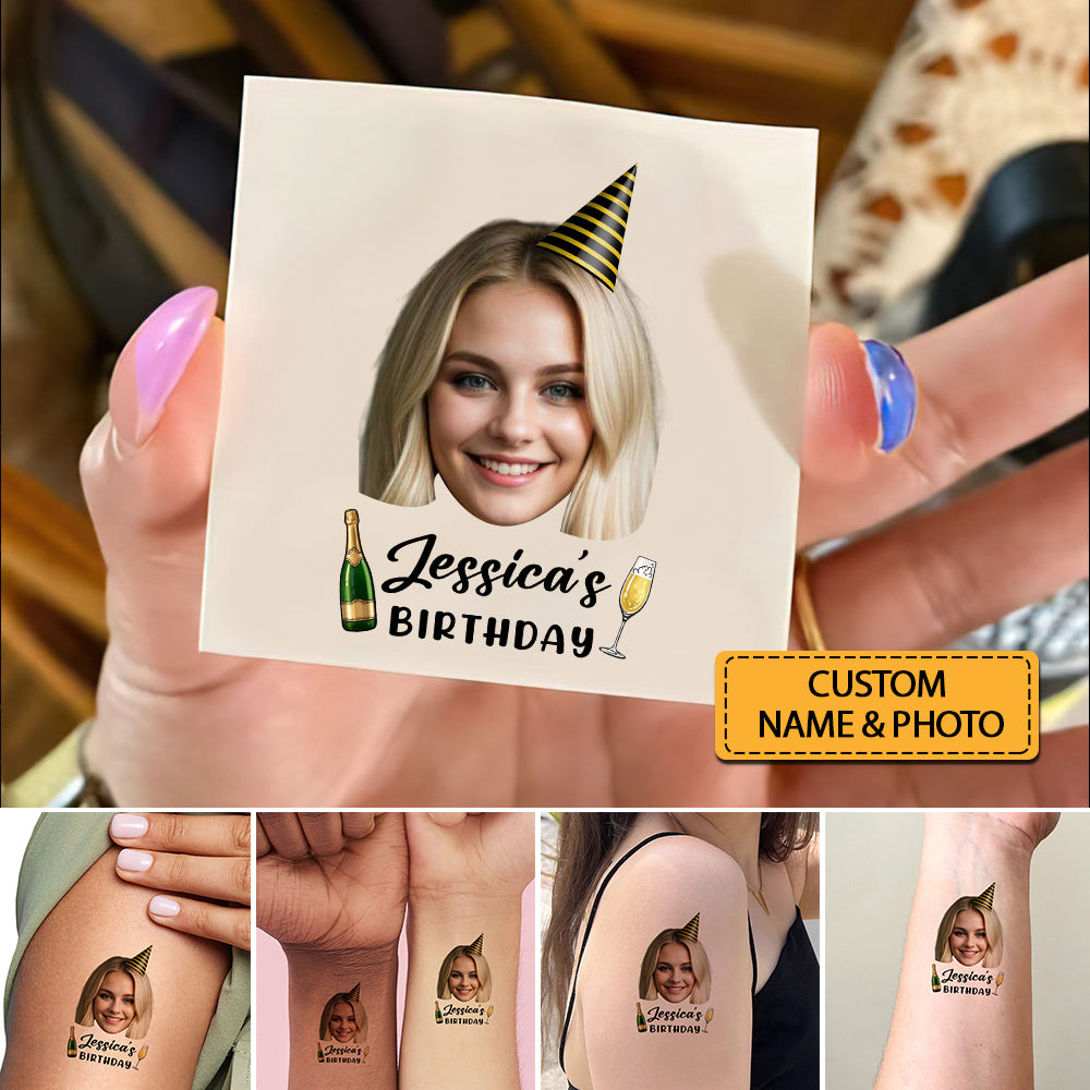 Beers Happy Birthday Party Wearing Hat, Custom Face Photo And Name Temporary Tattoo, Personalized Party Tattoo, Fake Tattoo