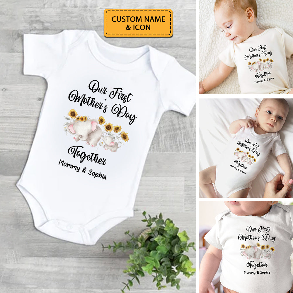 Our First Mother's Day Together - Elephant And Custom Names - Personalized Baby Onesie - Gift For Mother Day