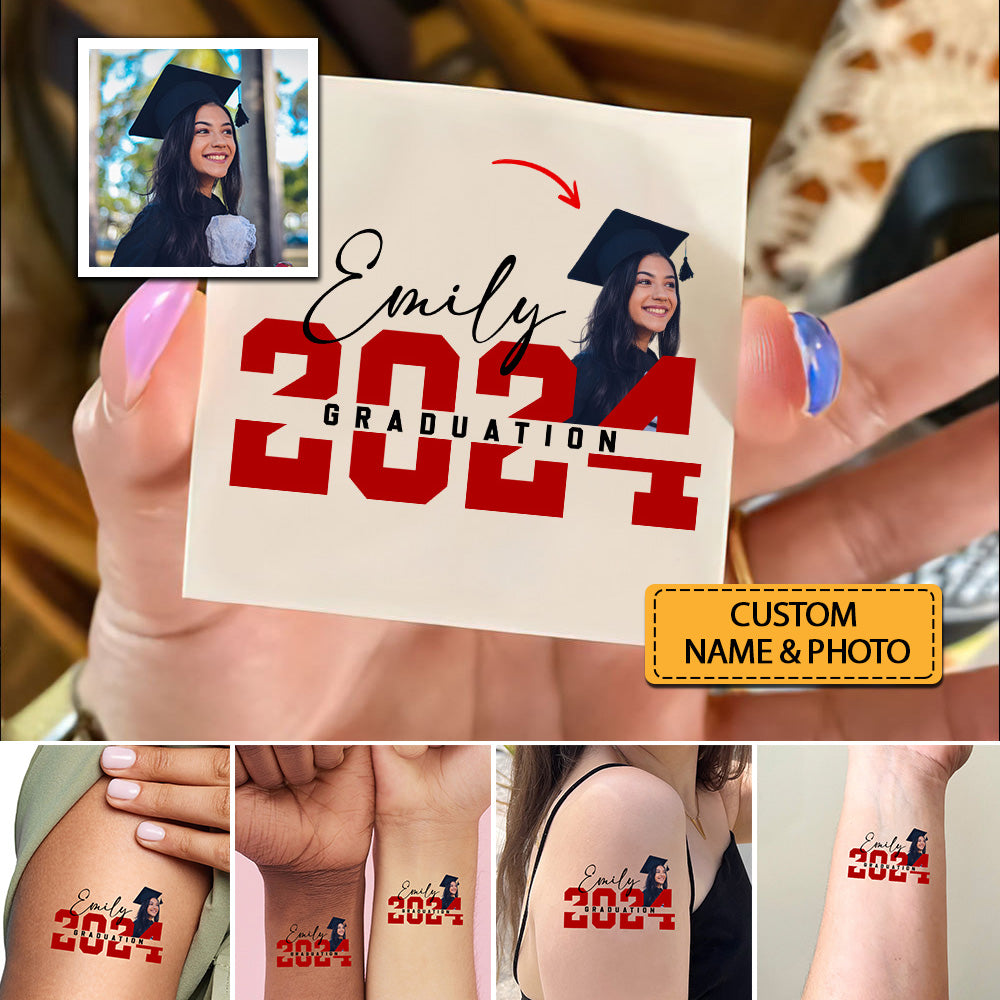 Graduation 2024, Custom Temporary Tattoo, Personalized Photo And Name, Fake Tattoo, Graduation Gift