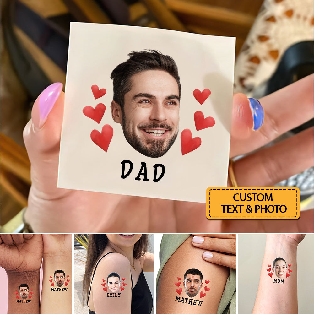 Red Hearts, Custom Face Photo And Texts Temporary Tattoo, Personalized Party Tattoo, Fake Tattoo