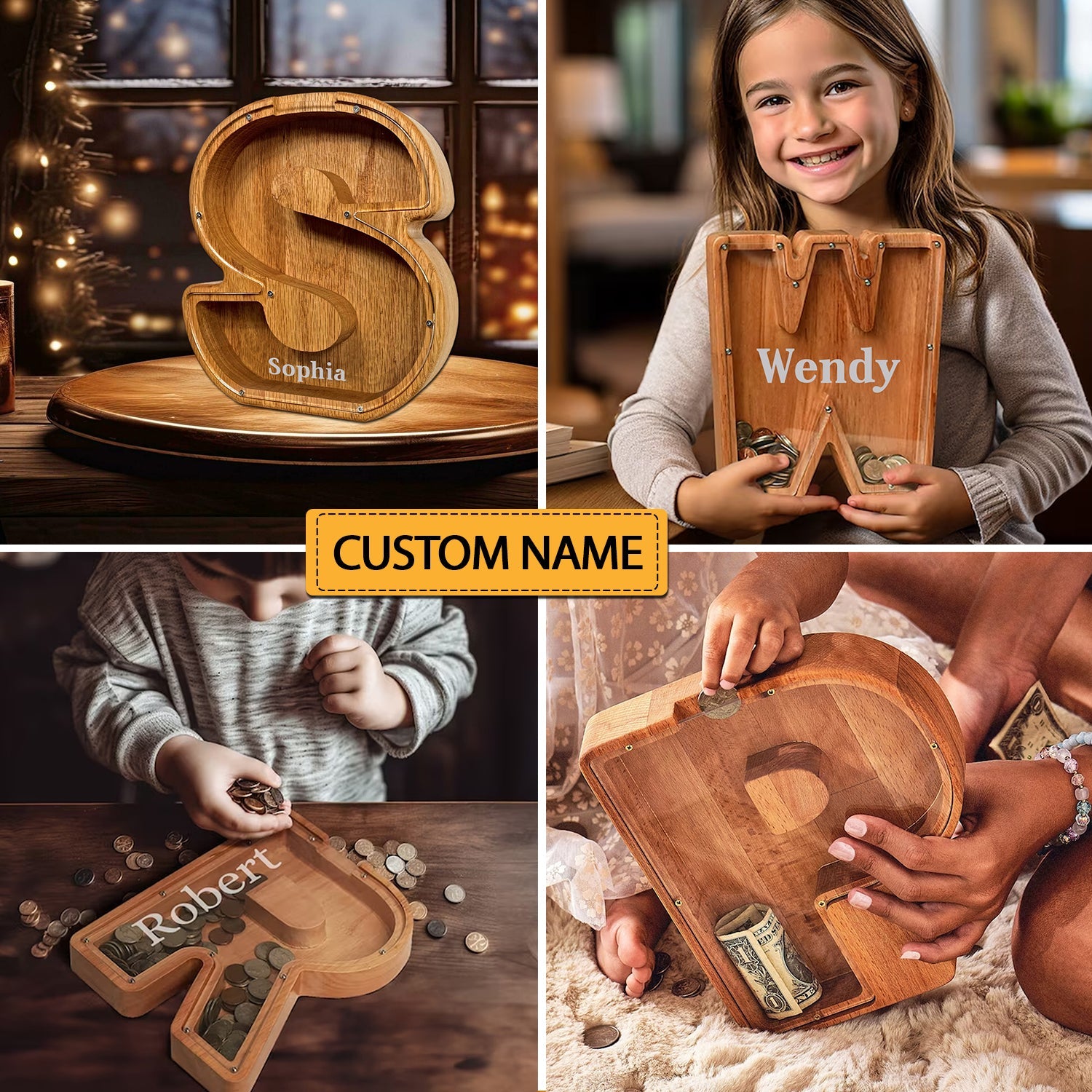 Personalize Wooden Letter Piggy Bank, Custom Initial Name Bank, Name Money Box, Coin Bank,Birthday Gift for Boy Girl,Christmas Gift for Kids