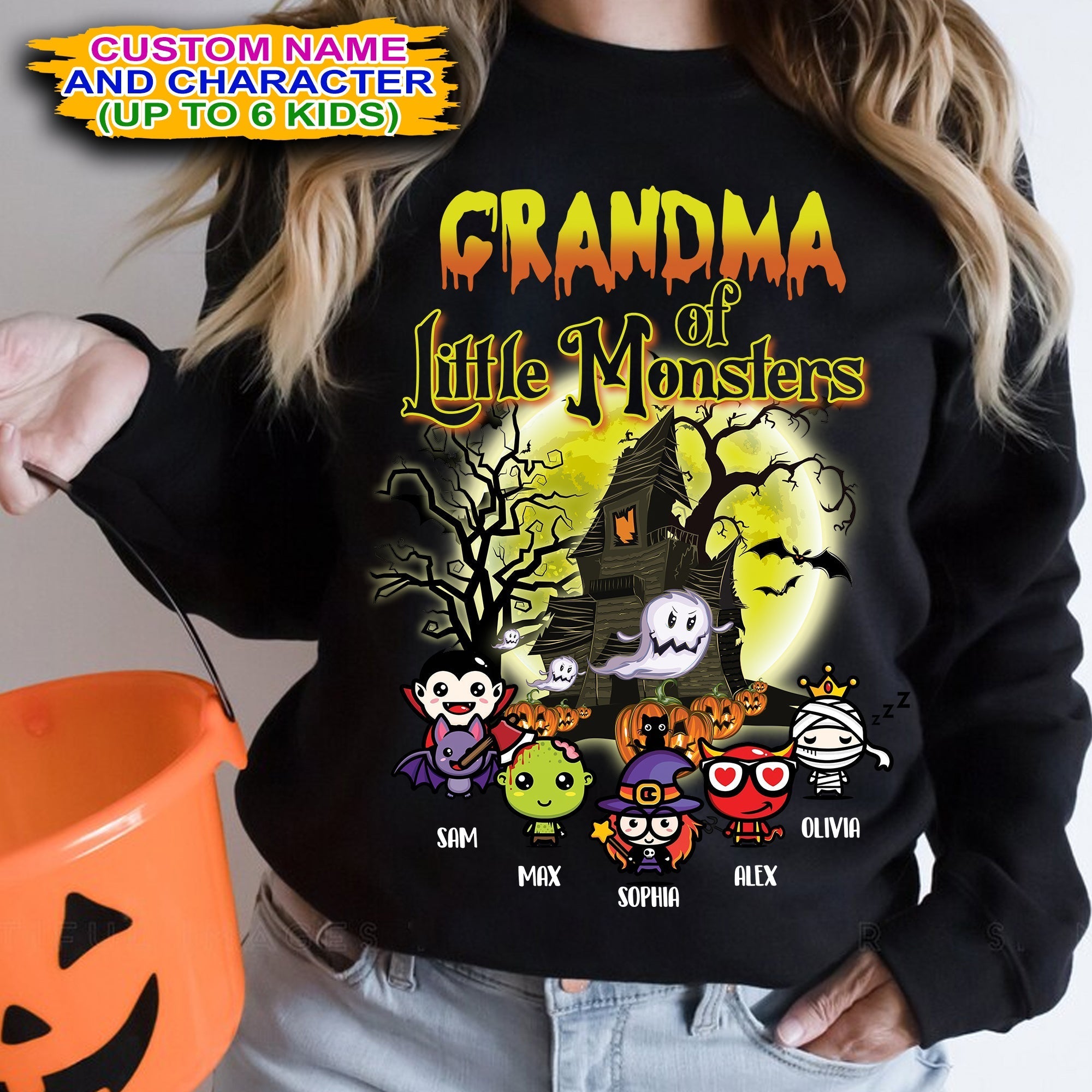 Grandma Of Little Monsters - Custom Characters And Name - Personalized Sweatshirt - Halloween Family Gift