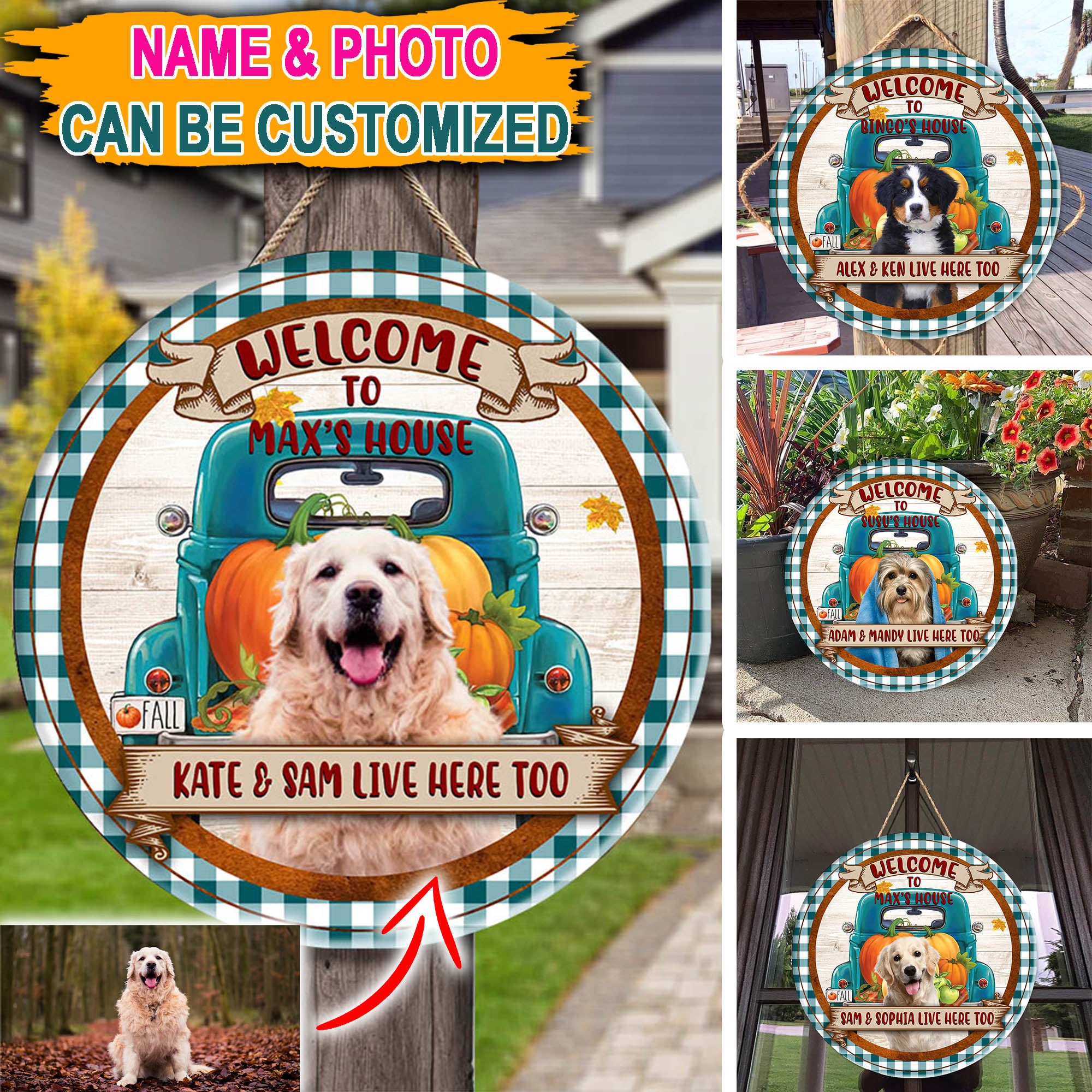 Welcome To Pet House Human Live Here Too - Custom Photo And Name - Personalized Round Wood Sign - Gift For Pet Lover