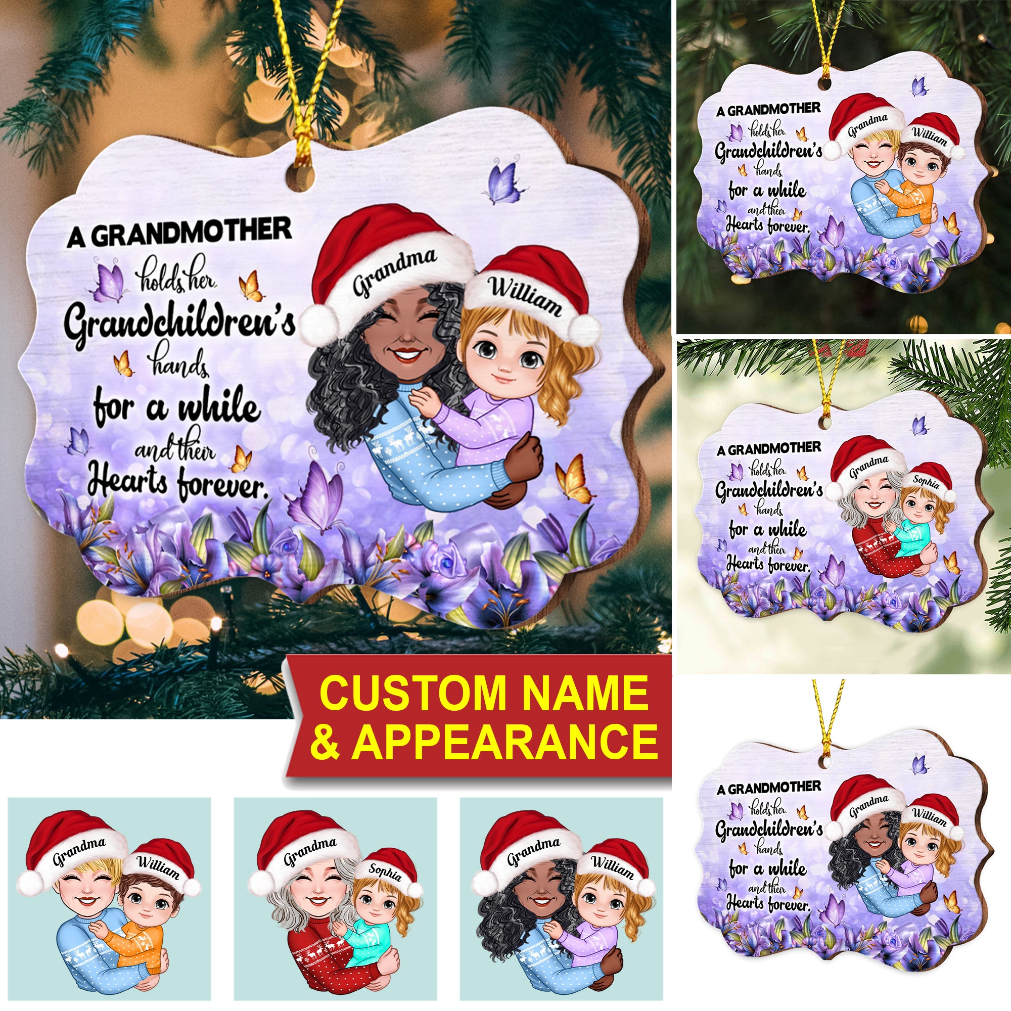 A Grandmother Holds Her Grandkid's Hand, Custom Appearances And Names - Personalized Custom Shaped Wooden Ornament - Gift For Family, Christmas Gift