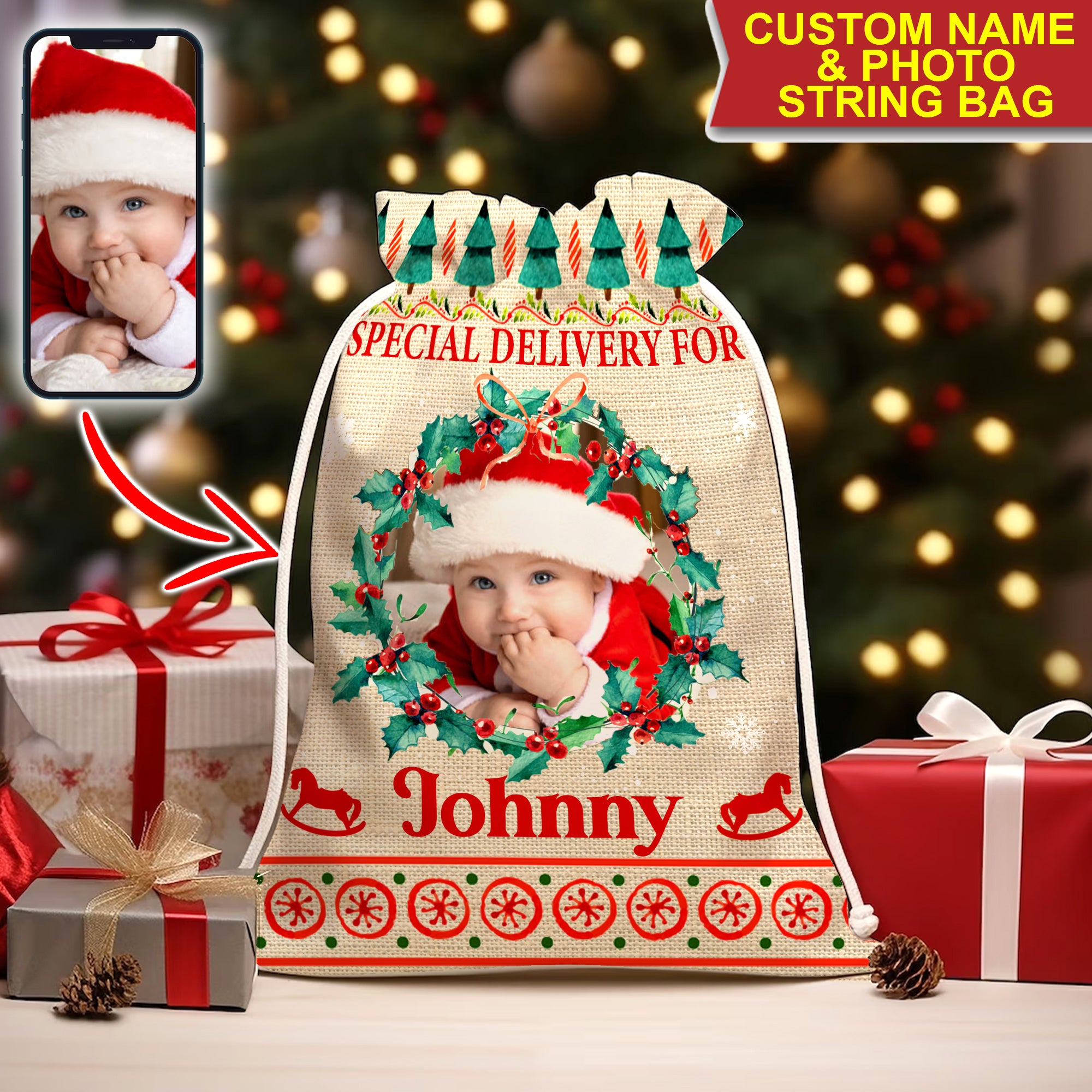 Special Delivery For Kid - Personalized Photo And Name String Bag, Christmas Gift, Gift For Family