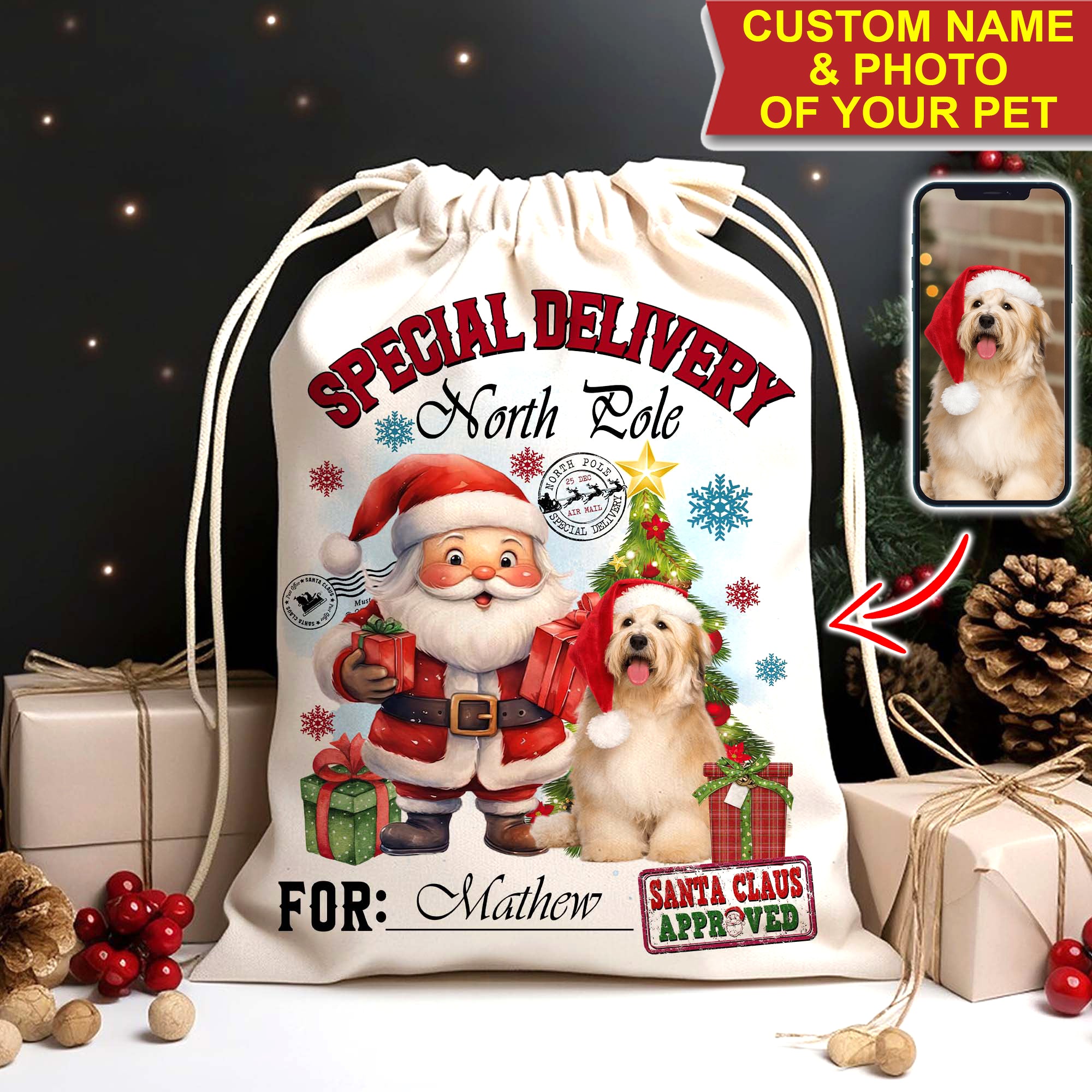 Christmas Special Delivery North Pole For Pet - Custom Photo And Name, Personalized String Bag, Gift For Pet Lover, Christmas Gift