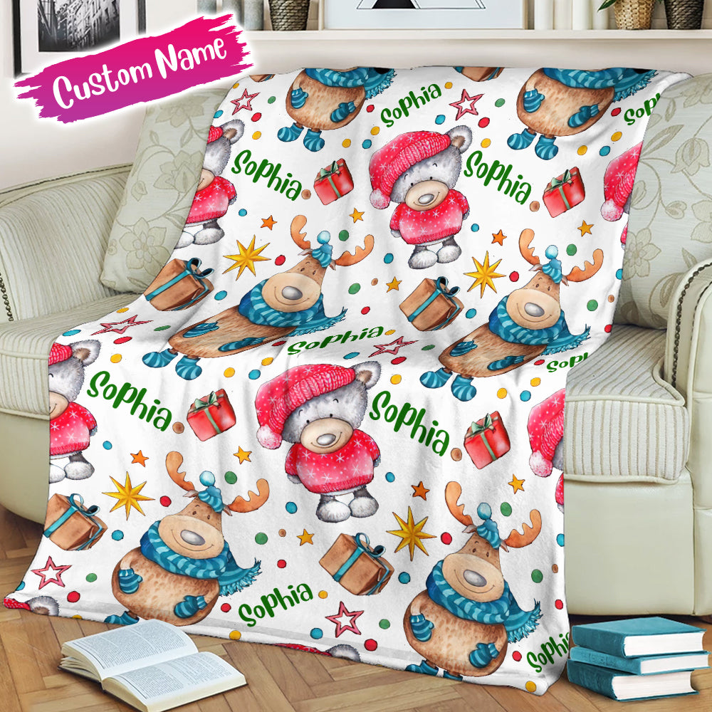 Christmas Deer And Bear, Personalized Fleece Blanket - Gift For Christmas, Family Gift