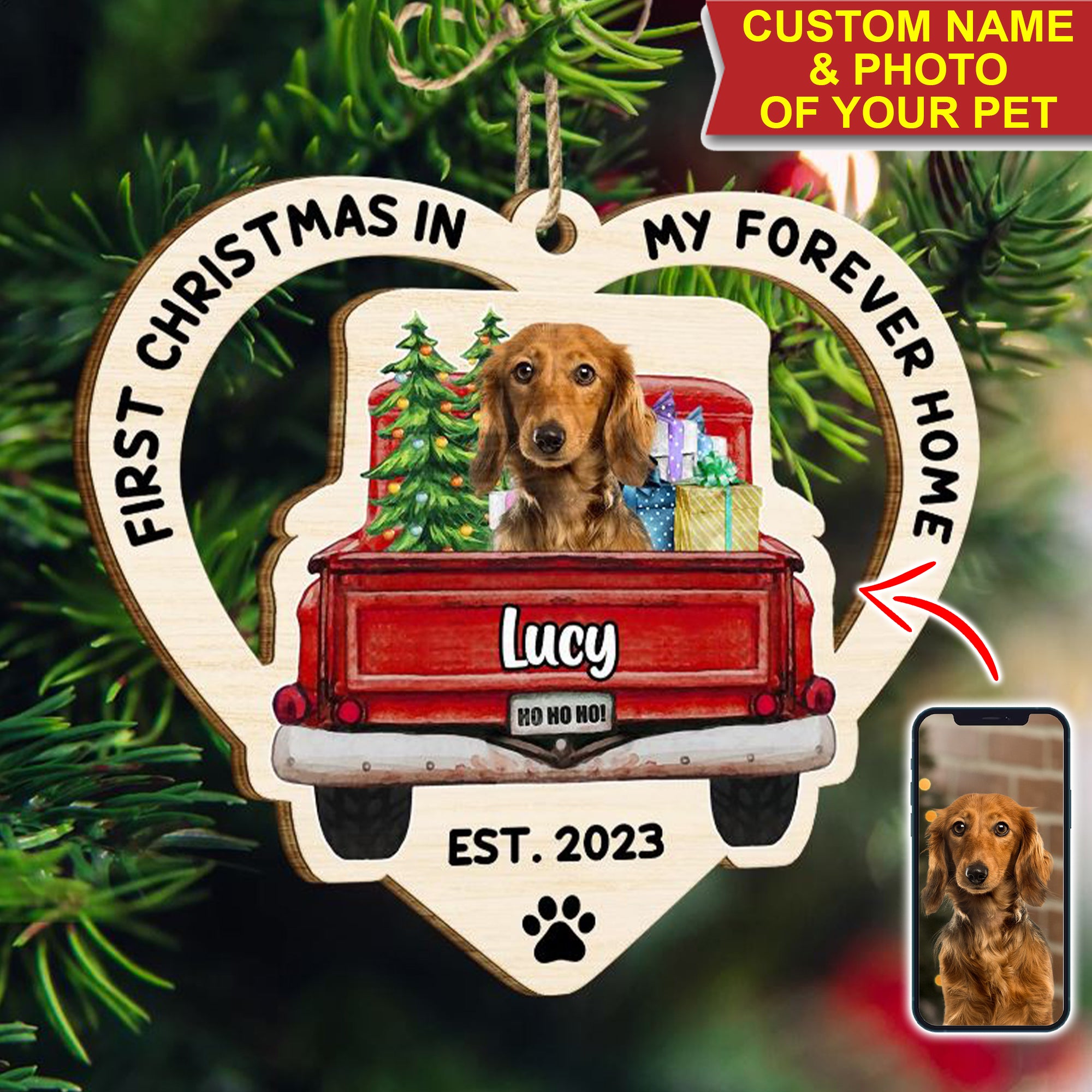 First Christmas In My Forever Home, Custom Pet Photo And Name - Personalized Custom Shaped Wooden Ornament - Gift For Pet Lover, Christmas Gift