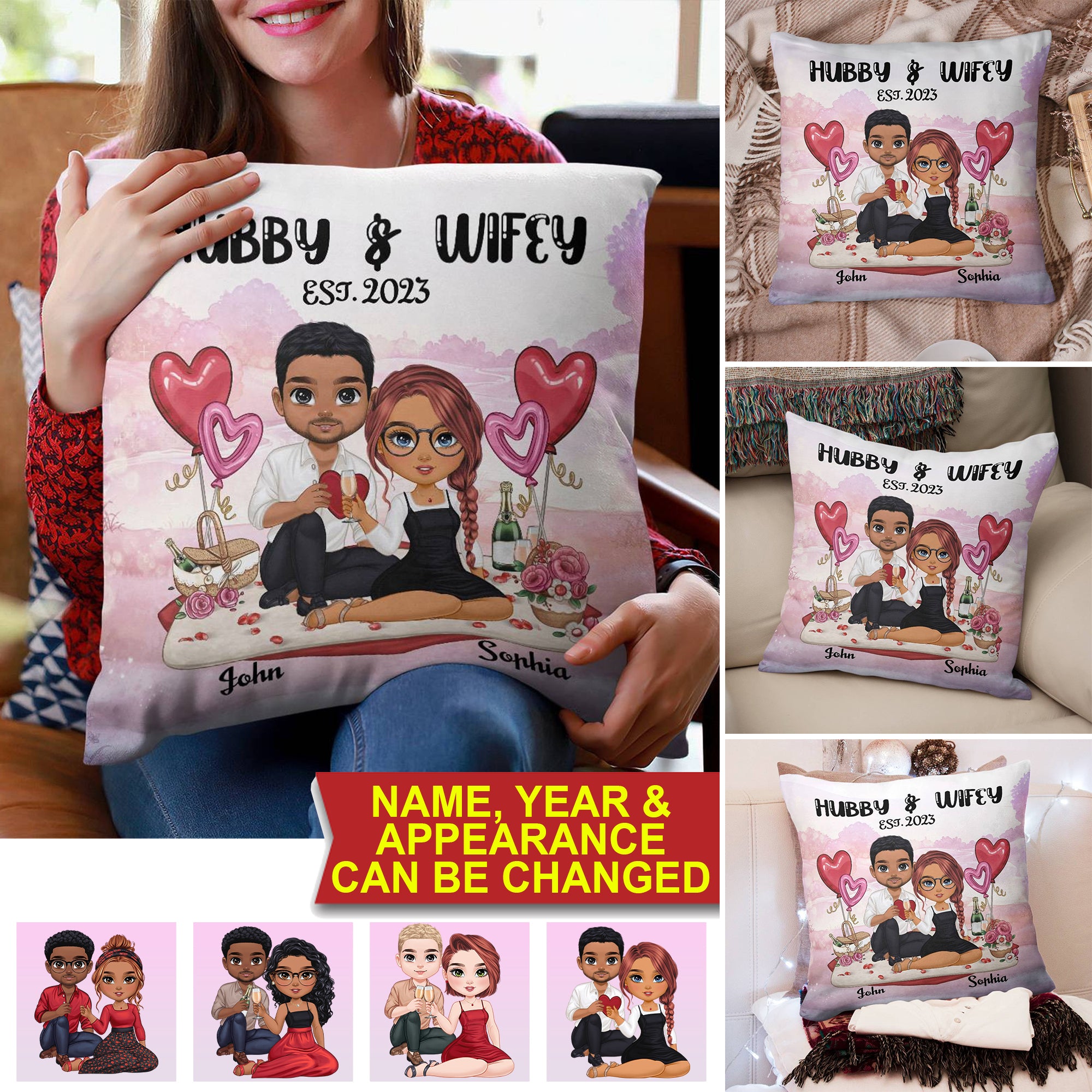 Hubby And Wifey Couple Sitting, Custom Appearance And Name - Personalized Pillow, Gift For Family