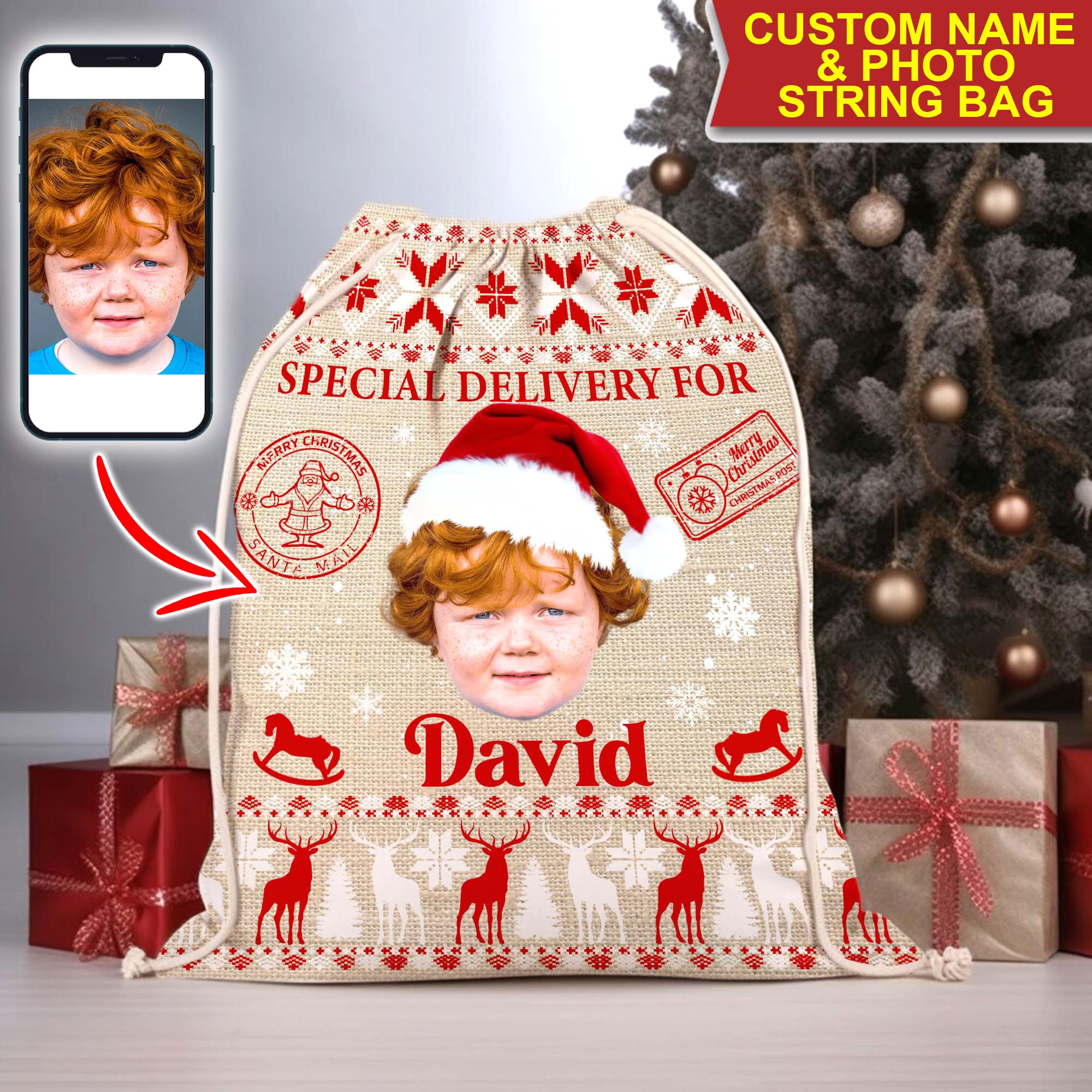 Special Delivery For Kid - Personalized Head Photo And Name String Bag, Christmas Gift, Gift For Family