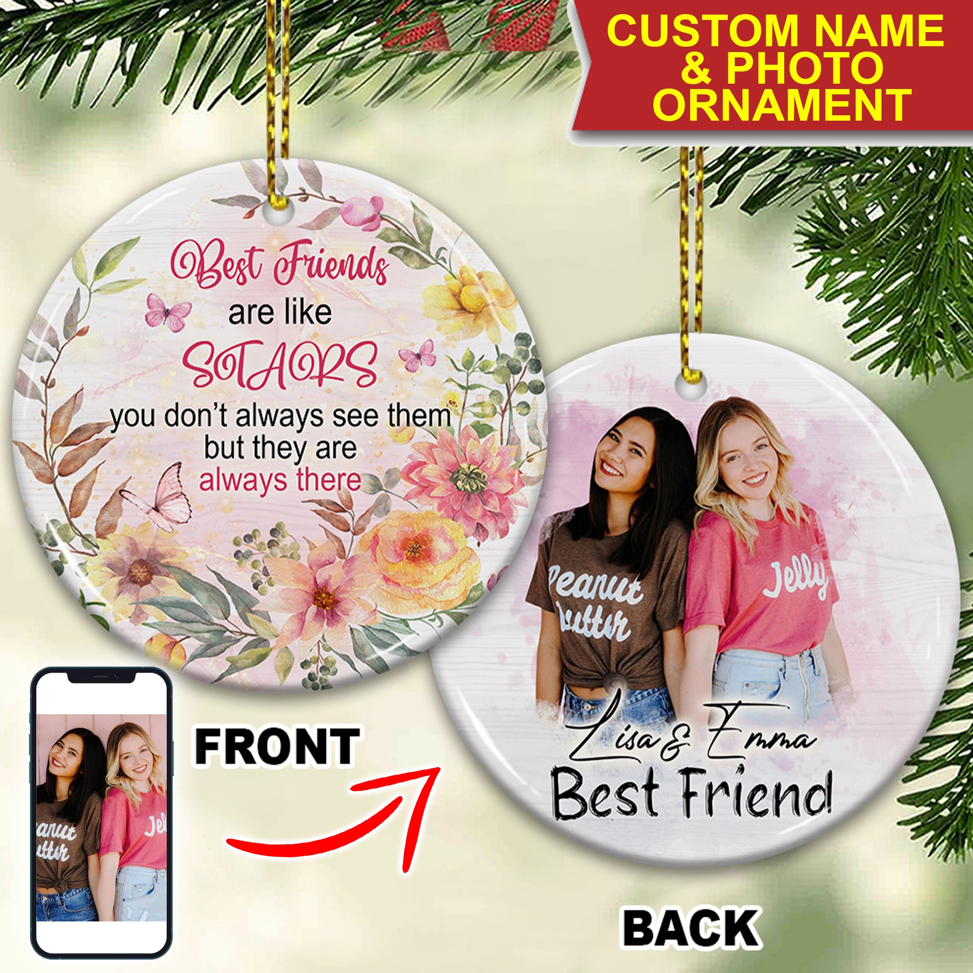 Best Friends Are Like Stars - Custom Photo And Names- Personalized 2 Sides Ceramic Ornament - Gift For Friend