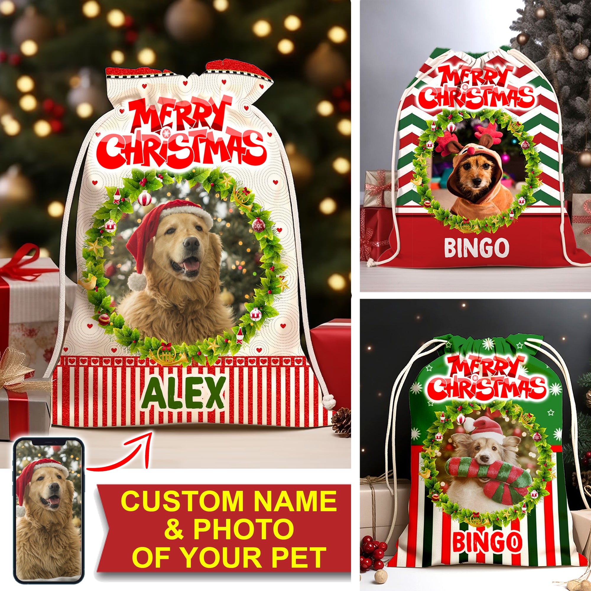 Merry Christmas - Custom Background, Photo And Name, Personalized String Bag, Gift For Pet Lover, Christmas Gift