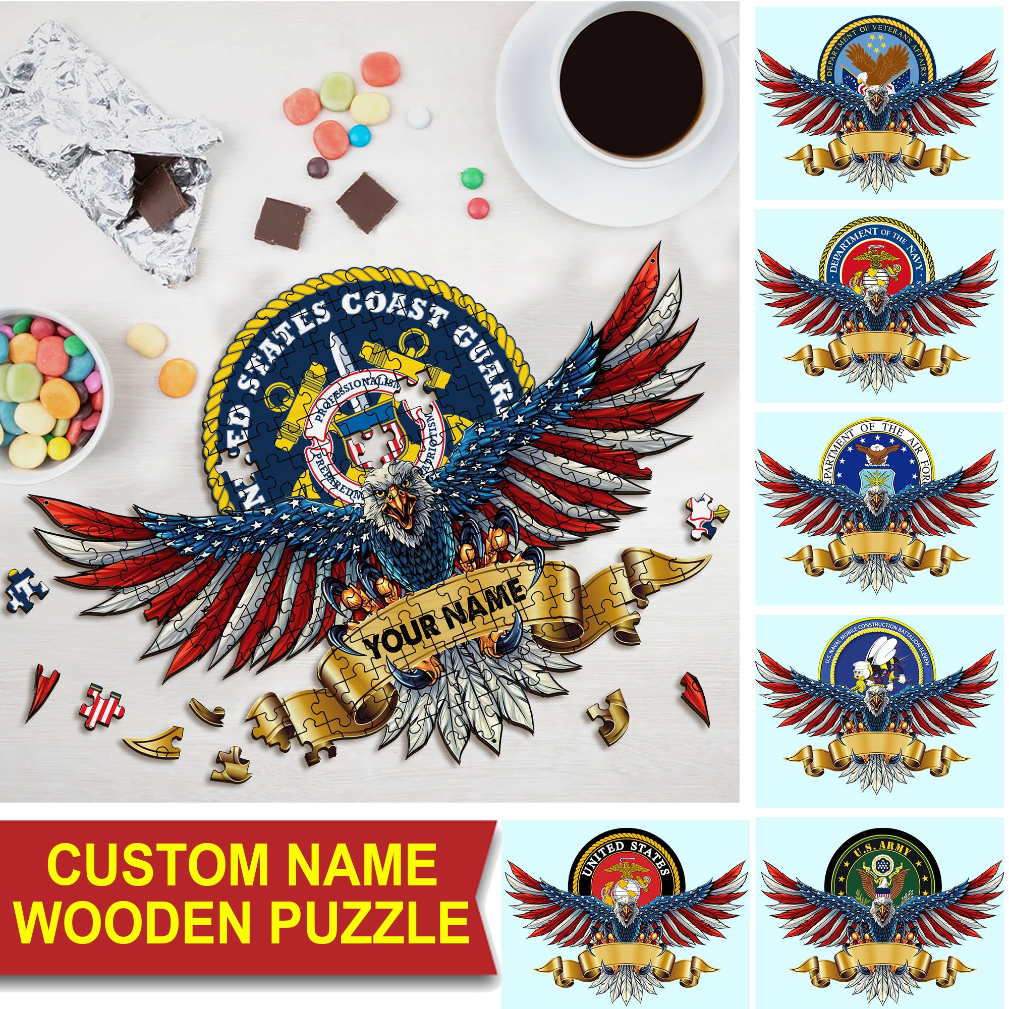 U.S Army, Personalized Puzzle Wooden - Wooden Eagle Carvings - Gift For Family, Gift For Veteran