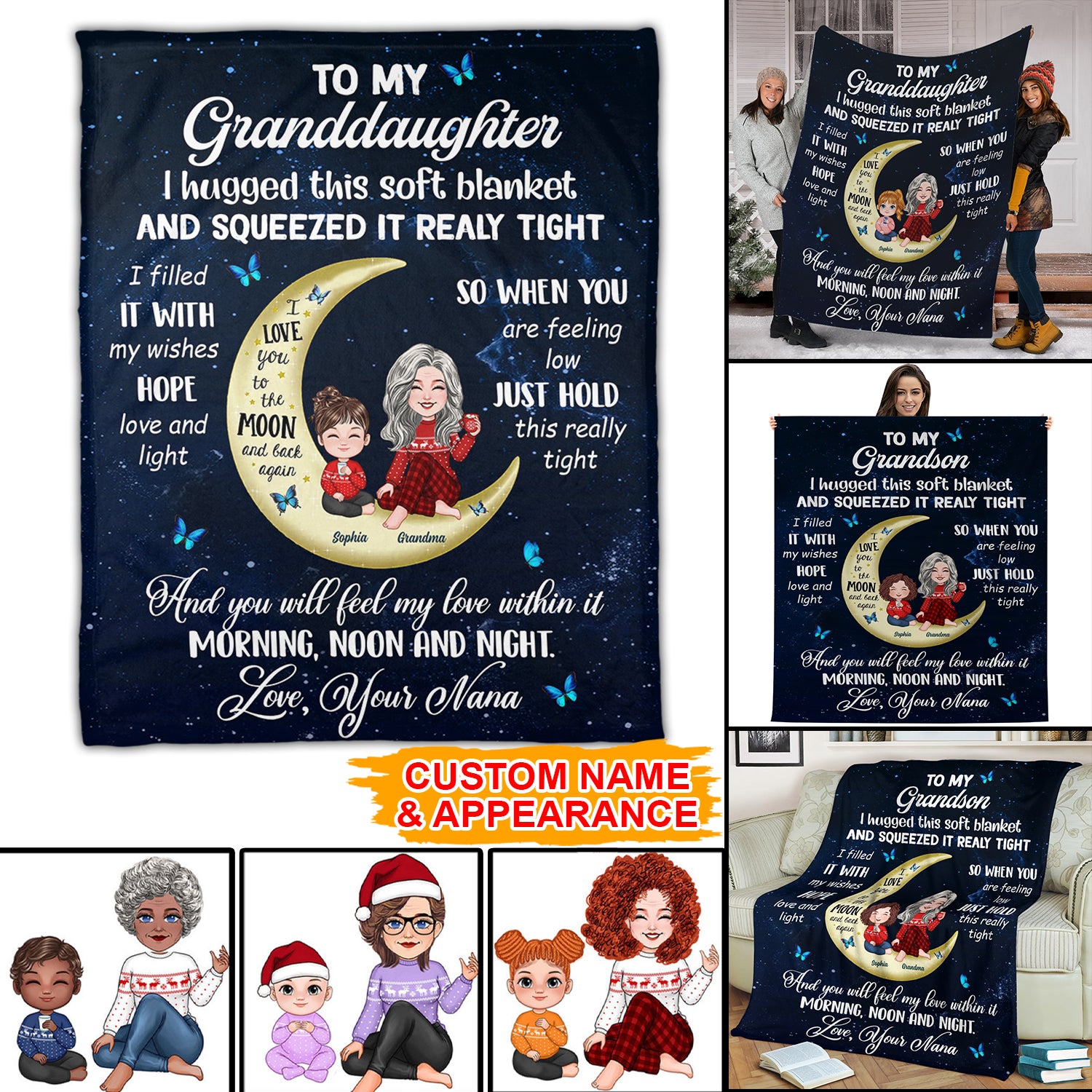 Morning, Noon And Night Love Grandma - Custom Appearances And Names - Personalized Fleece Blanket, Gift For Family