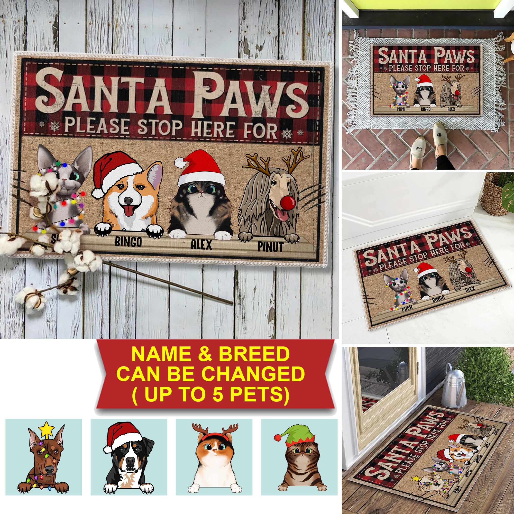Santa Paws Please Here For  - Custom Pets And Names - Personalized Doormat - Pet Lover Gift, Christmas Decor