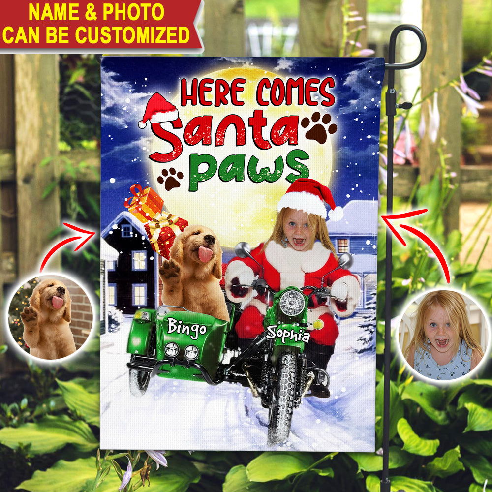 Here Comes Santa Paws - Custom Pet Photo And Name Flag - Christmas Gift, Gift For Pet Lovers