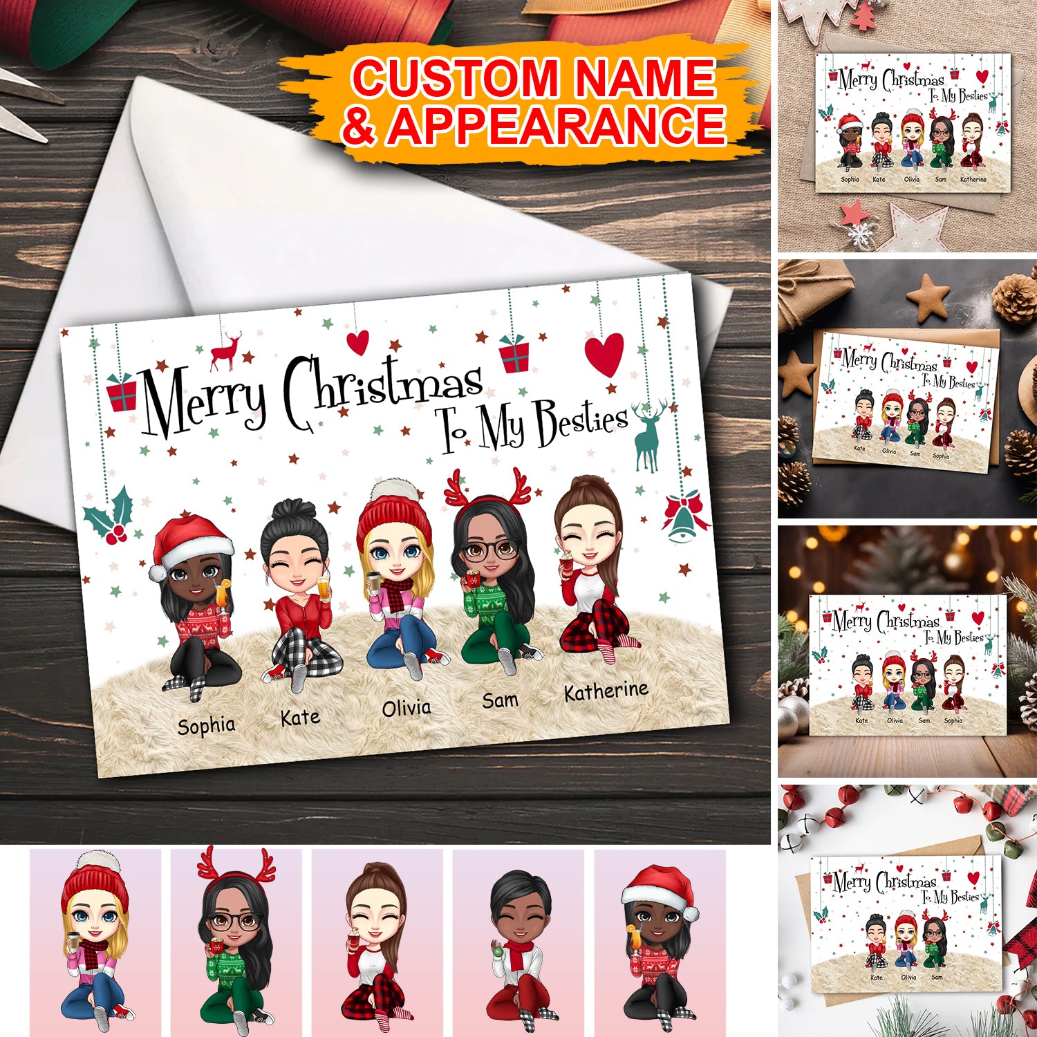 Merry Christmas To My Besties, Custom Appearances And Names - Personalized Christmas Card, Christmas Gift