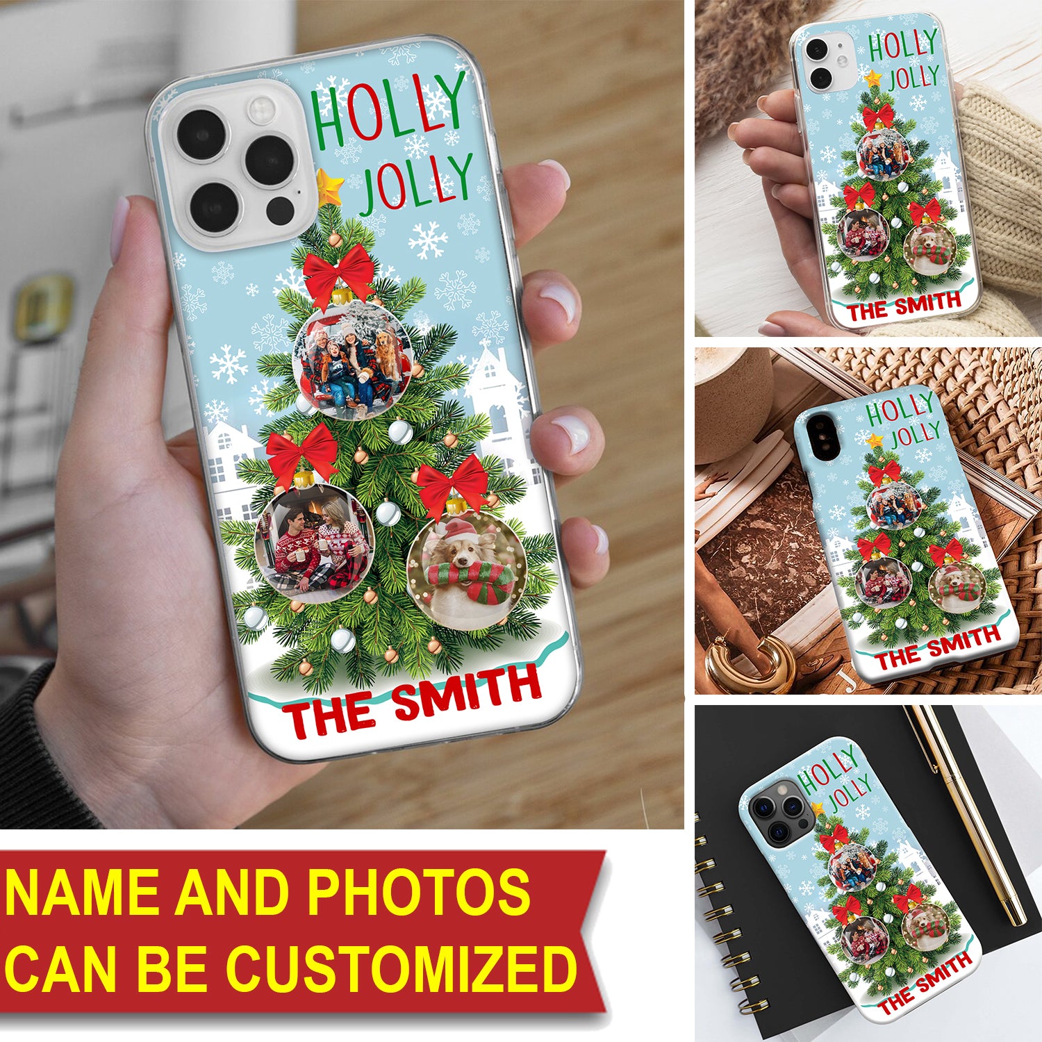 Holly Jolly - Custom 3 Photo And Family Name - Personalized Phone Case, Christmas Gift