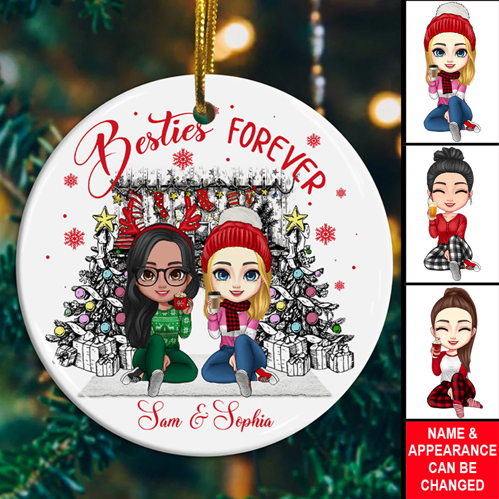 Christmas Besties Forever, Custom Appearances And Names- Personalized Ceramic Ornament - Gift For Christmas, Gift For Friends