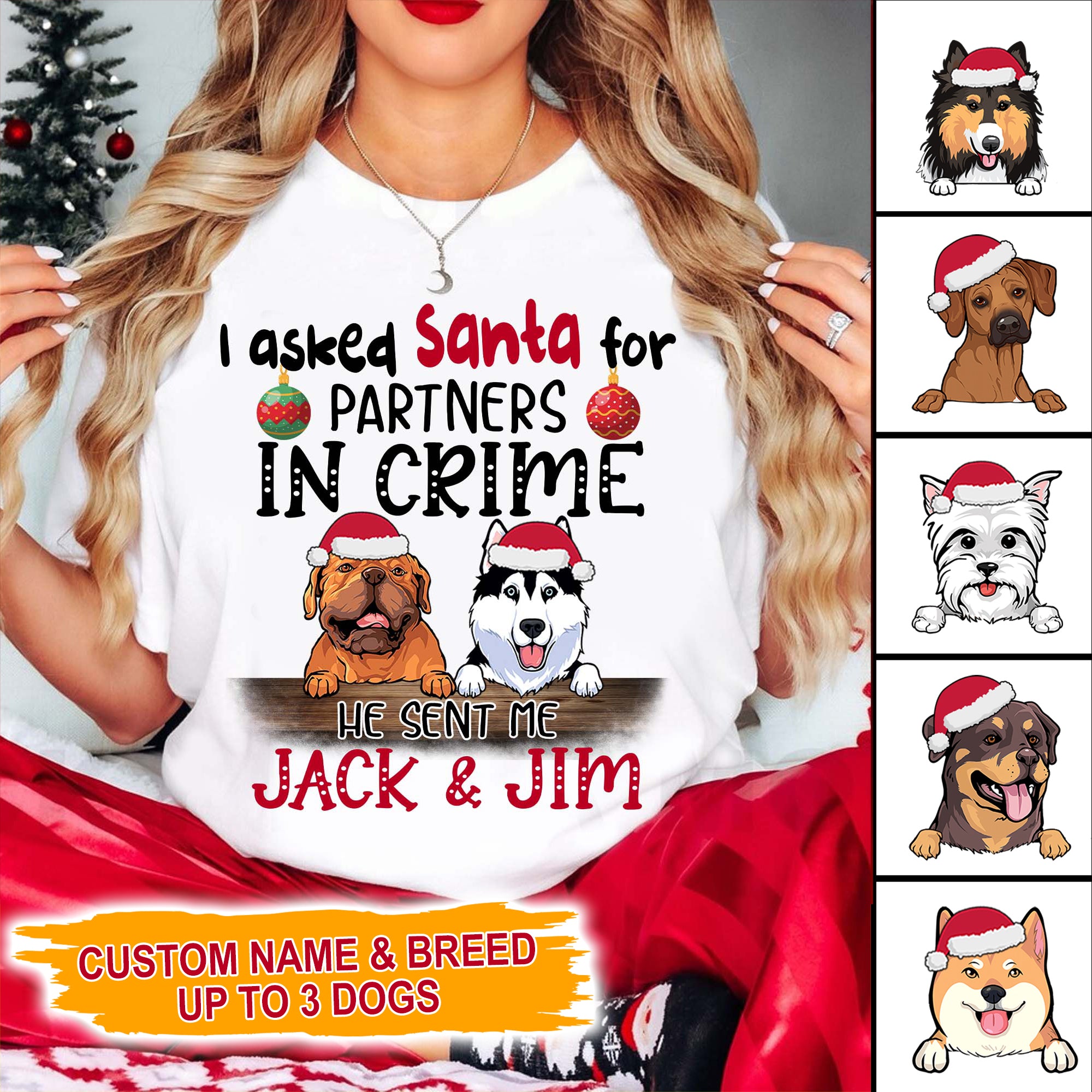 I Asked Santa For Partner In Crime, Custom Dog And Names - Personalized T-Shirt - Gift For Family, Gift For Pet Lover