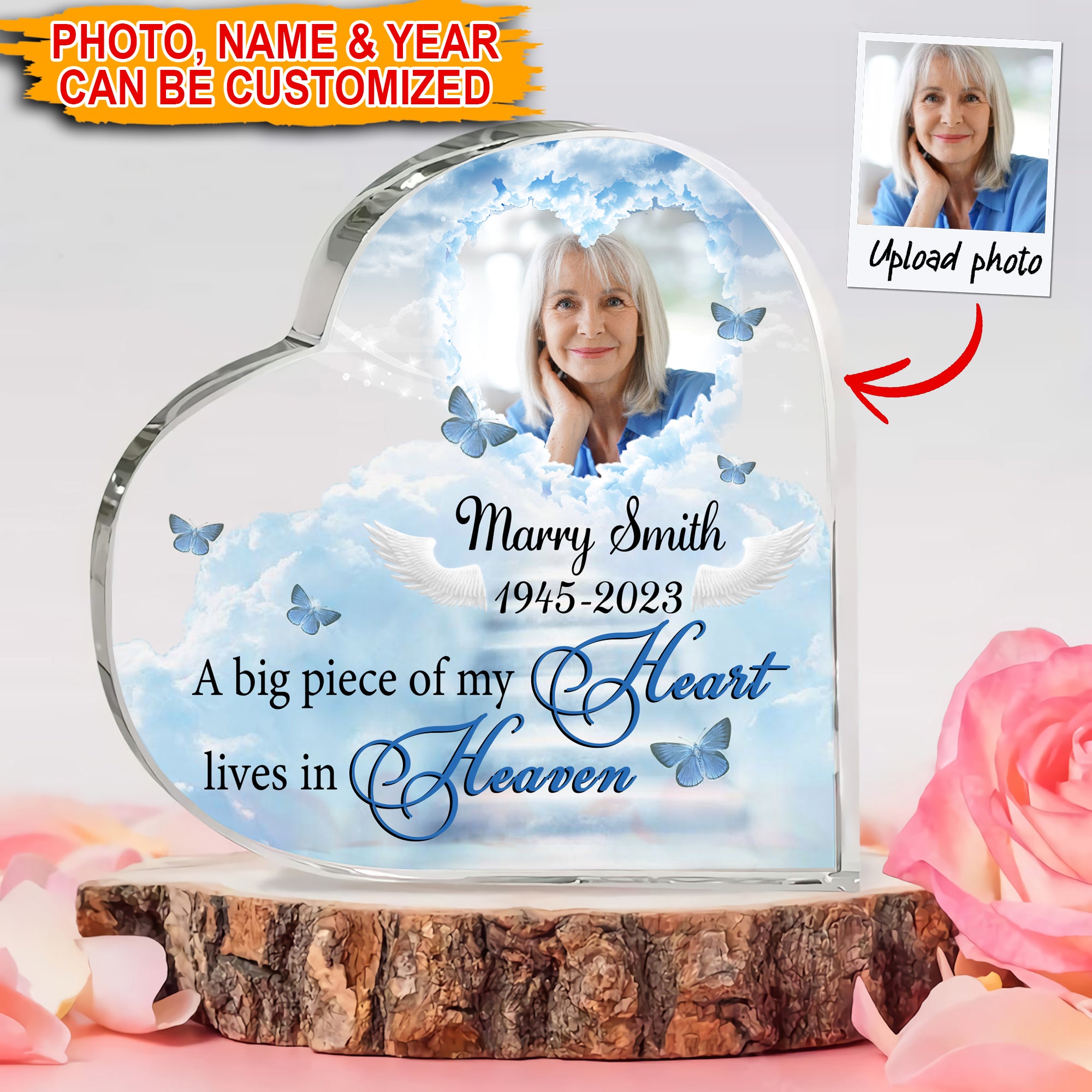 A Big Piece Of My Heart Lives In Heaven - Custom Photo And Name - Personalized Heart Shaped Acrylic Plaque - Gift For Family
