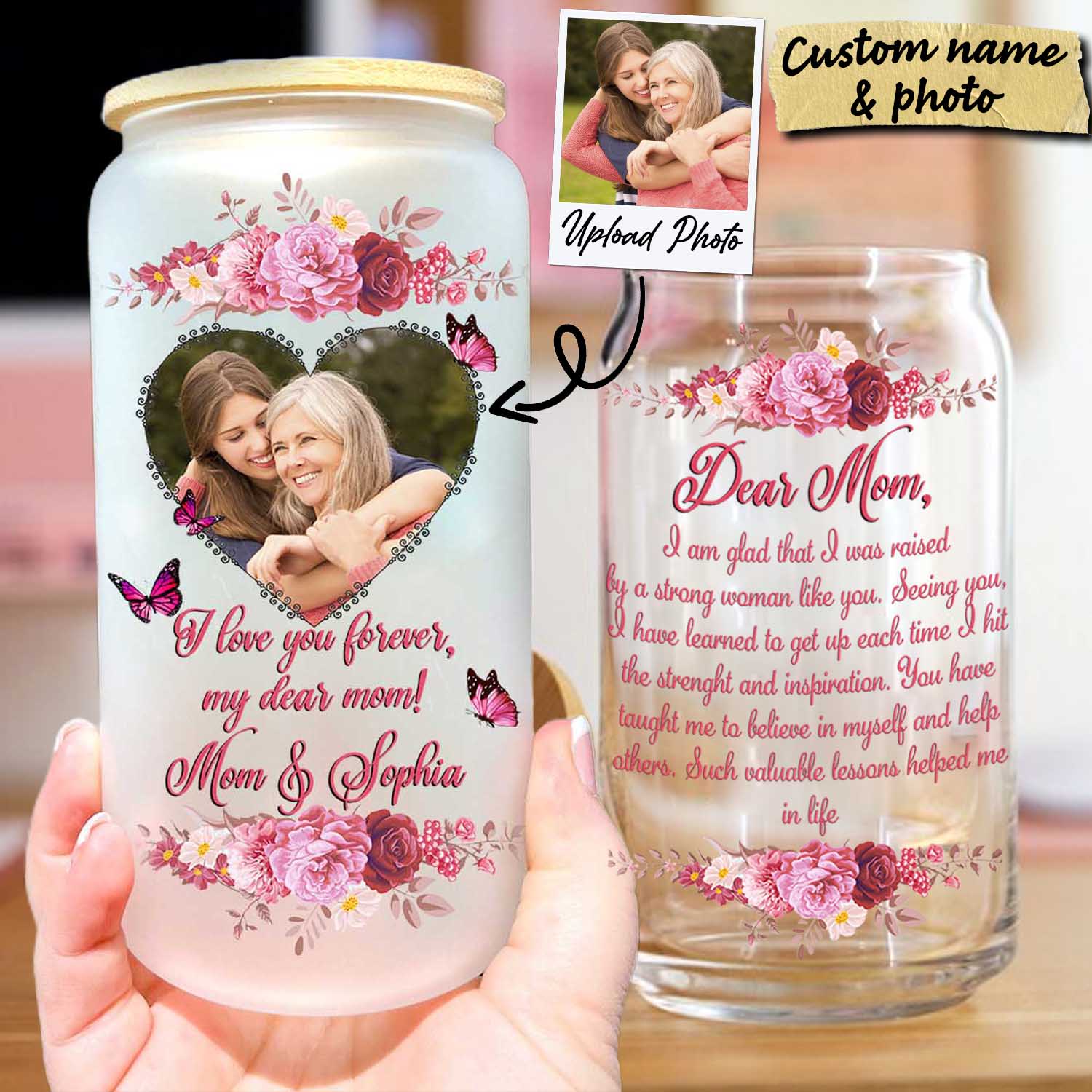 I Love You Forever My Dear Mom - Custom Photo And Names - Personalized Glass Bottle, Frosted Bottle, Gift For Family, Mother's Day