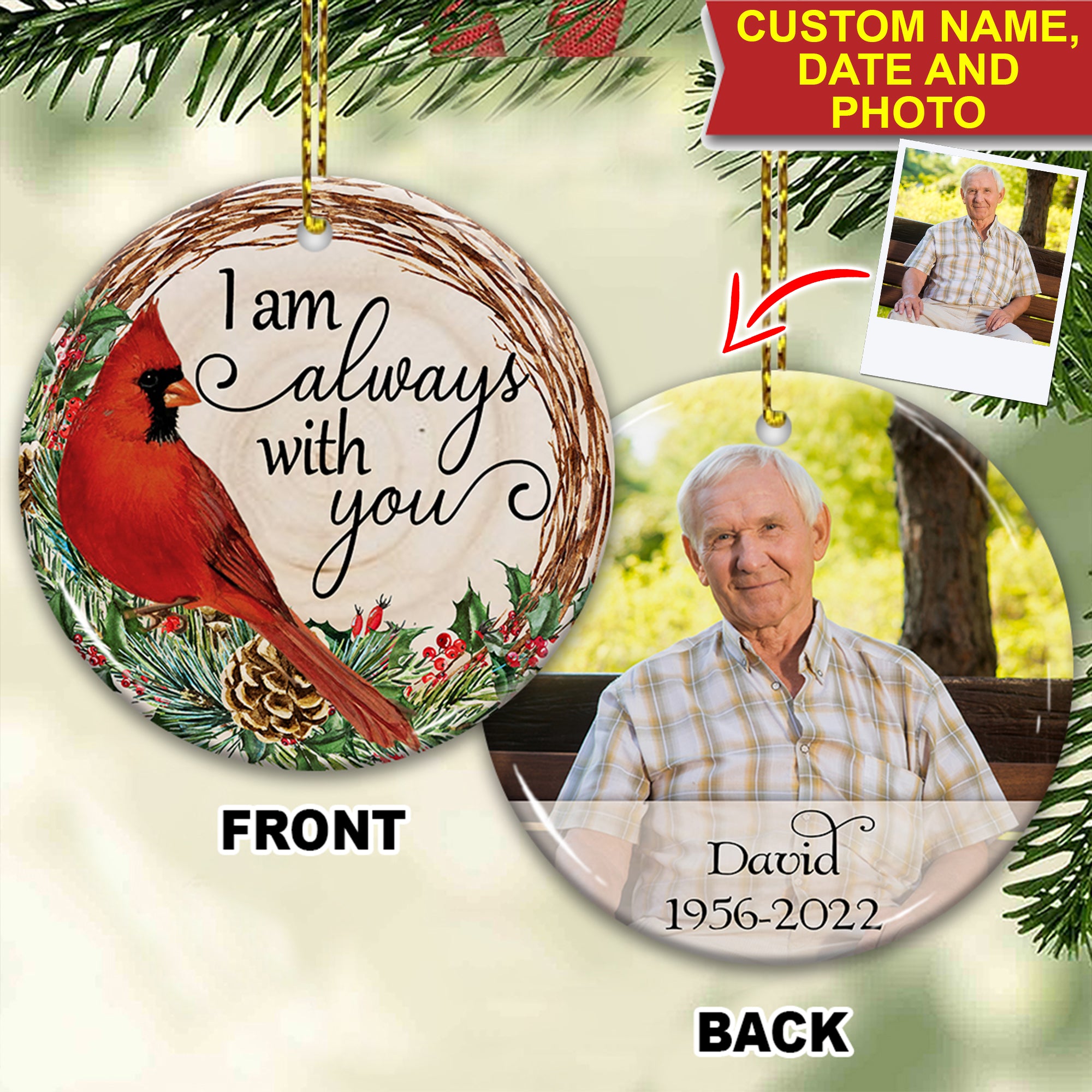 I Always With You - Custom Photo And Name- Personalized 2 Sides Ceramic Ornament - Gift For Family, Memorial Gift