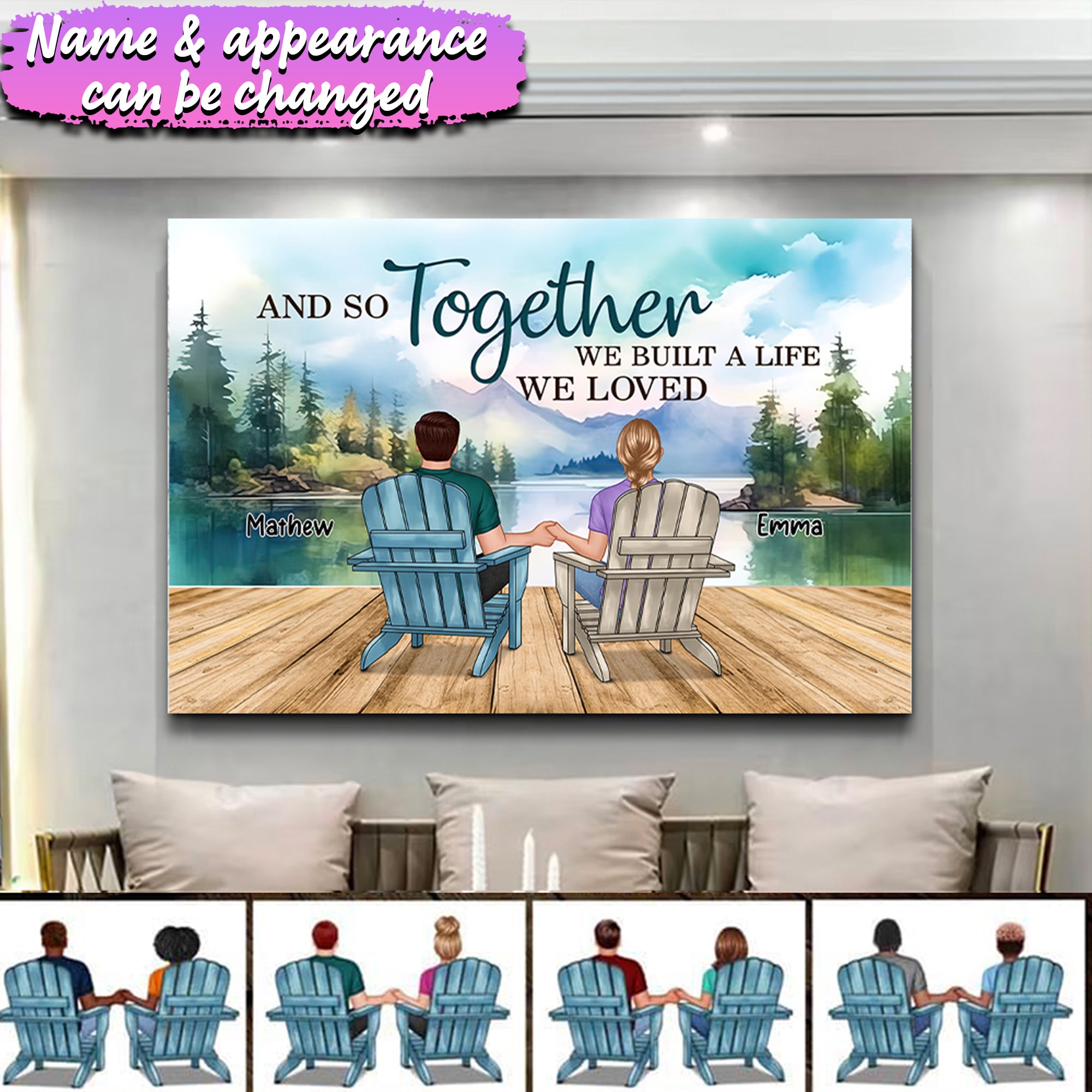 Backview Couple Sitting By The Lake - Personalized Appearances And Texts Canvas - Family Decor, Couple Gift