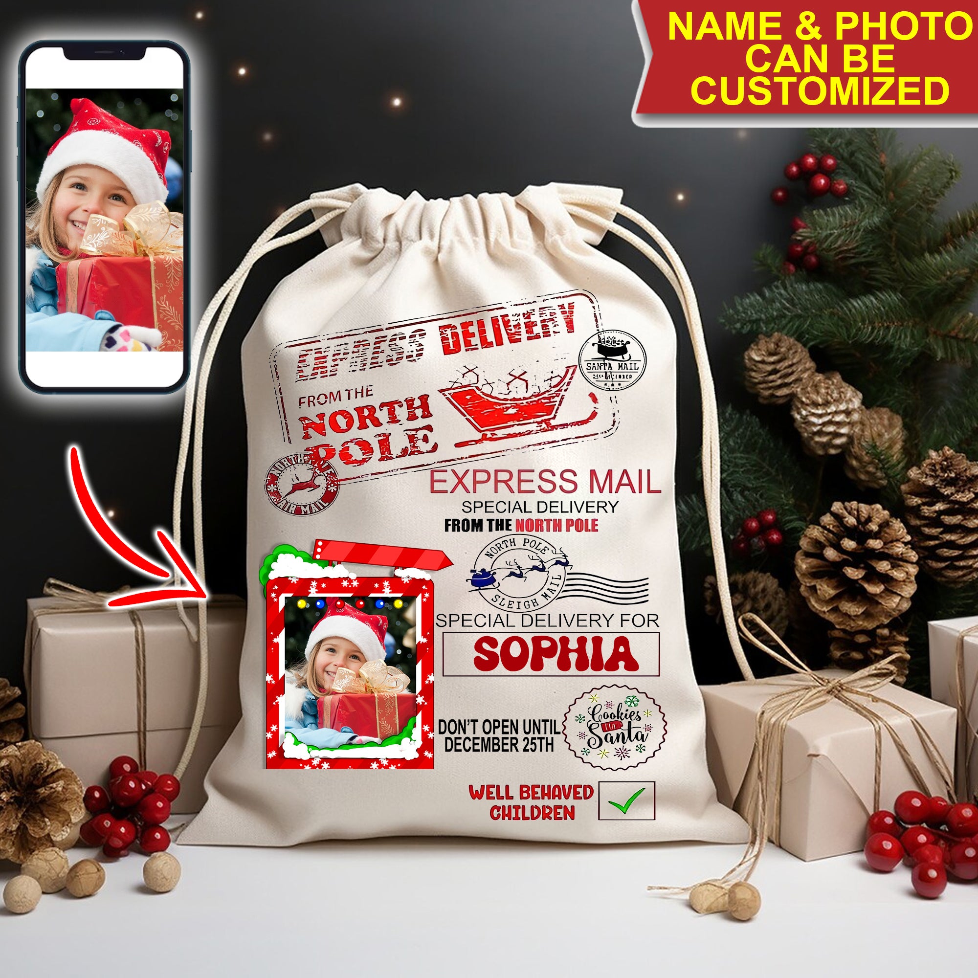 Express Deliver Special Gift - Custom Photo And Name, Personalized String Bag, Gift For Family, Christmas Gift